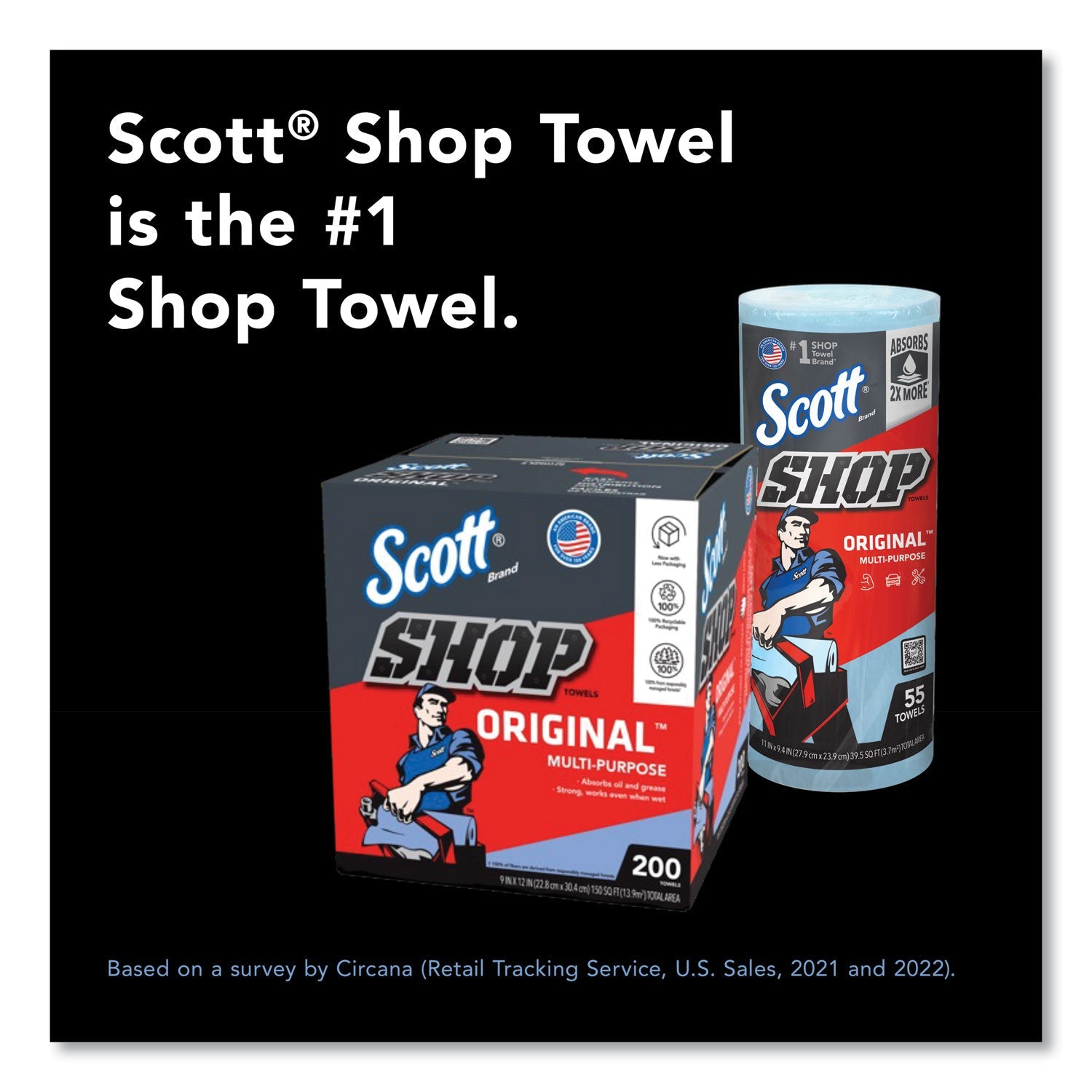 Scott® Shop Towels, Standard Roll, 1-Ply, 9.4 x 11, Blue, 55/Roll, 12 Rolls/Carton