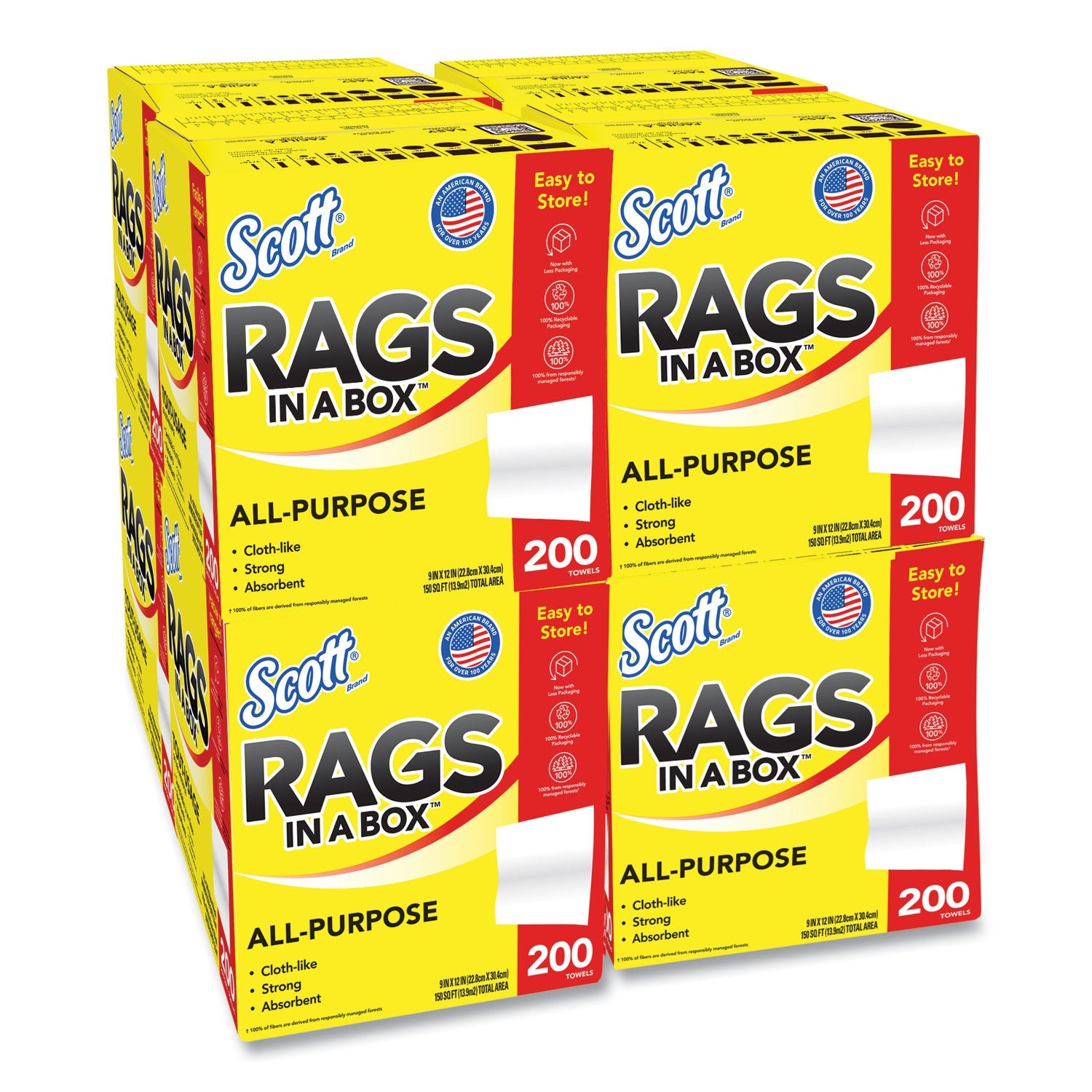 Scott® Rags in a Box, POP-UP Box, 12 x 9, White, 200/Box, 8 Boxes/Carton