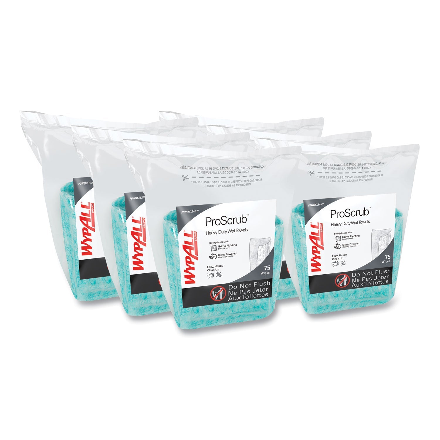 WypAll® Power Clean ProScrub Pre-Saturated Wipes, 12 x 9.5, Citrus Scent, Green, 75/Pack, 6 Packs/Carton