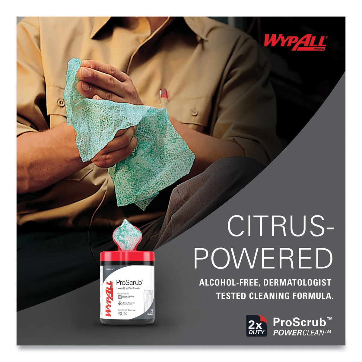 WypAll® Power Clean ProScrub Pre-Saturated Wipes, 9.5 x 12, Citrus Scent, Green, 75/Bucket, 6 Buckets/Carton