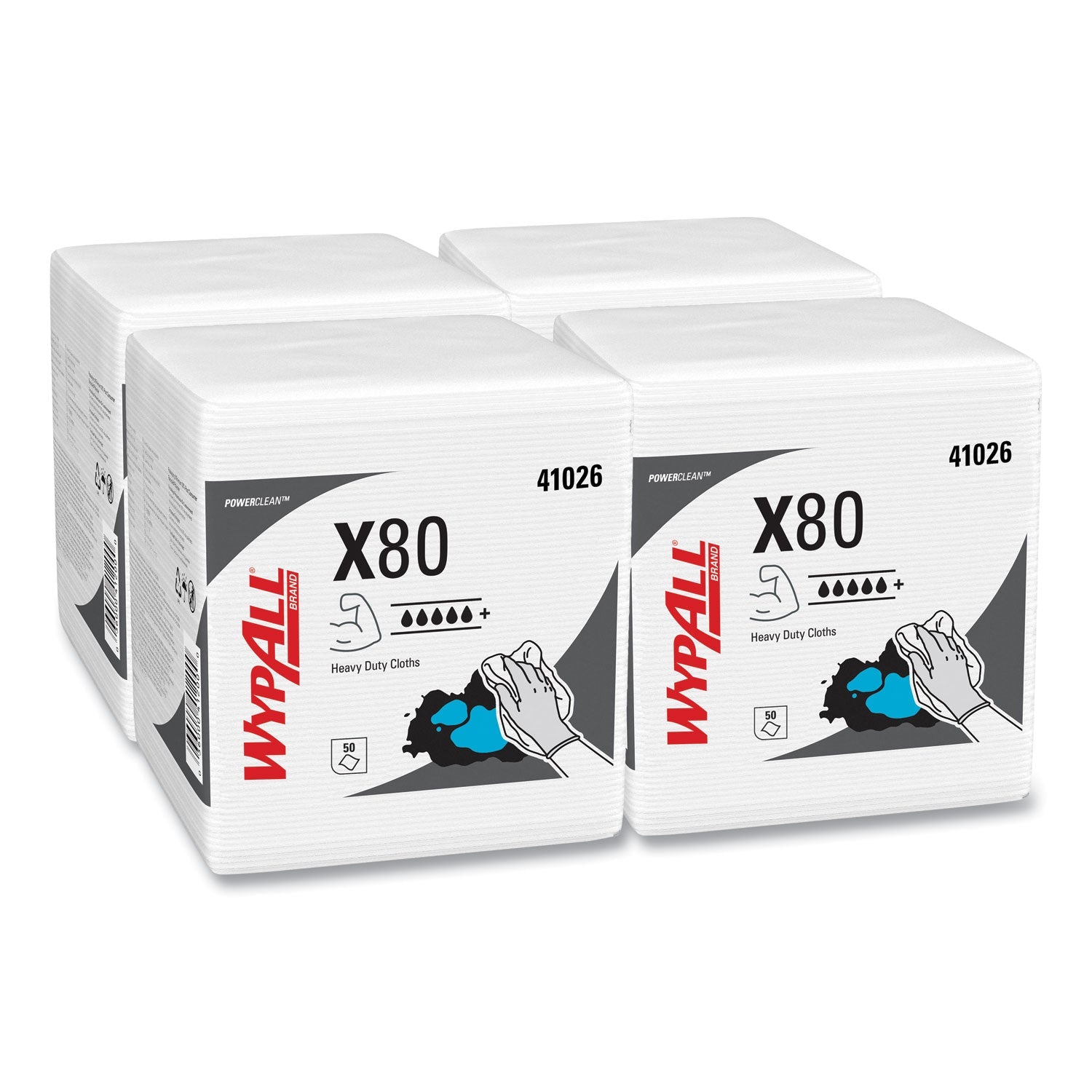 WypAll® Power Clean X80 Heavy Duty Cloths, 1/4 Fold, 12.5 x 12, White, 50/Box, 4 Boxes/Carton