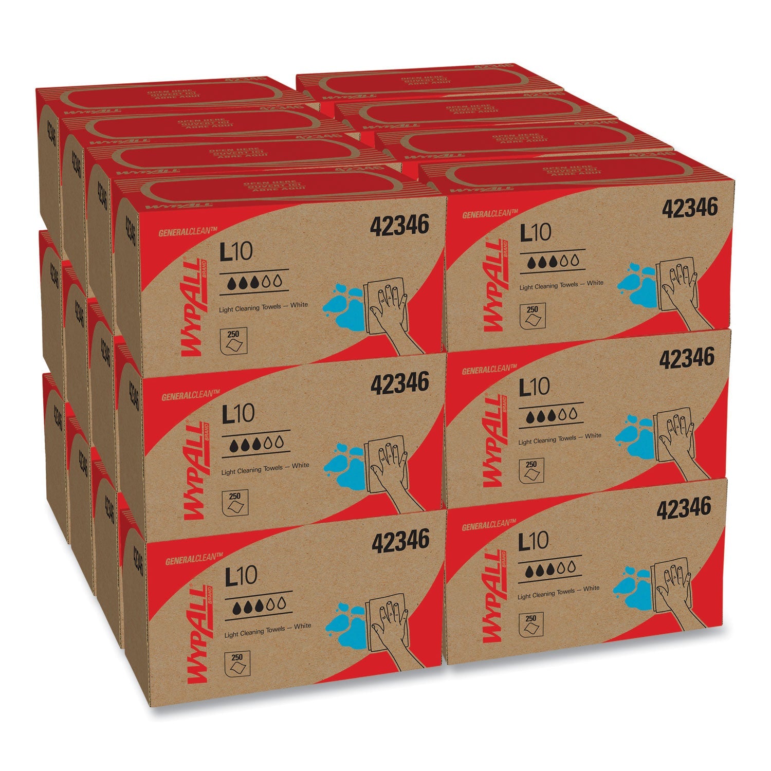 WypAll® L10 Towels, POP-UP Box, 1-Ply, 10.25 x 9, White, 250/Box, 24 Boxes/Carton