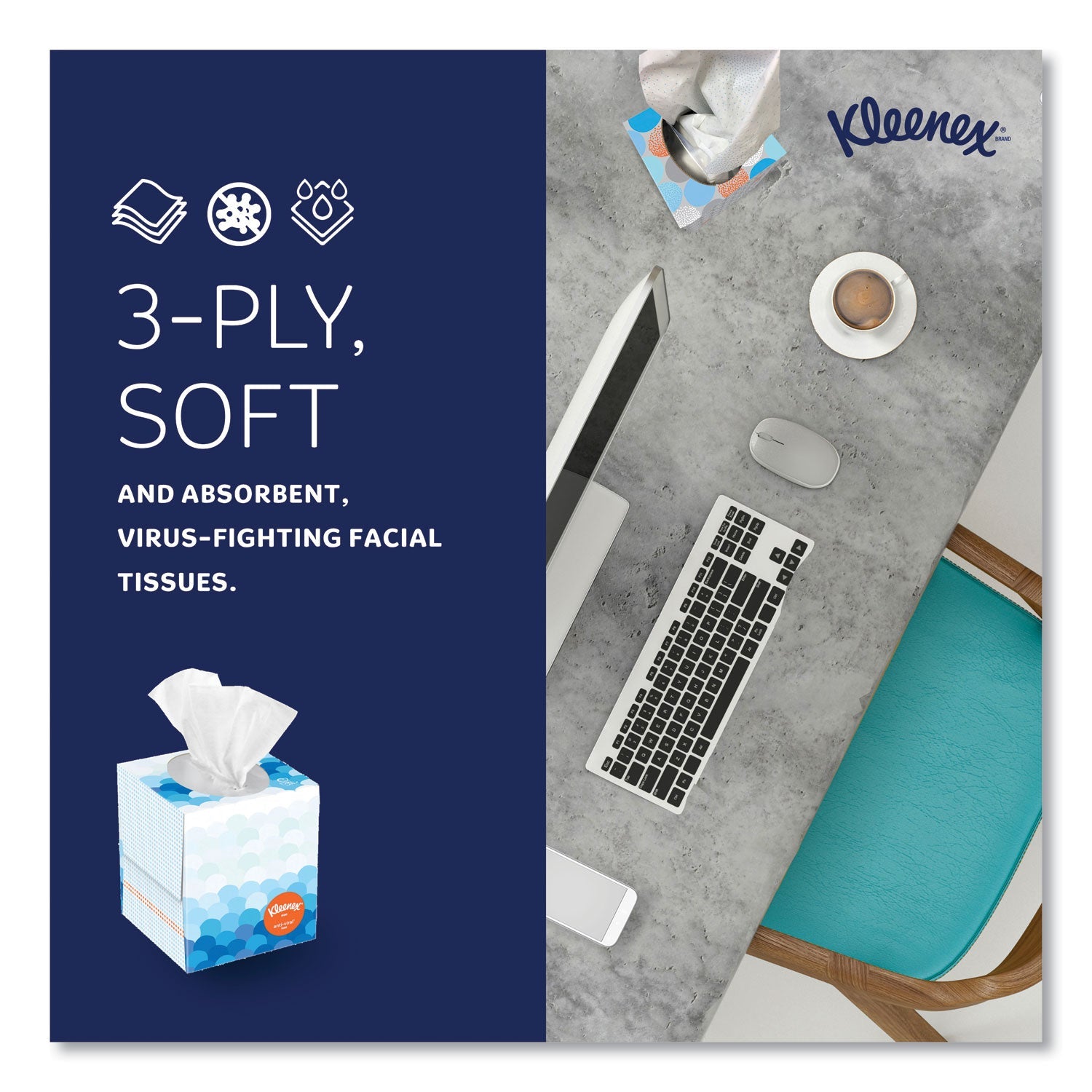 Kleenex® Boutique Anti-Viral Facial Tissue, 3-Ply, White, Pop-Up Box, 60 Sheets/box, 3 Boxes/pack, 4 Packs/carton