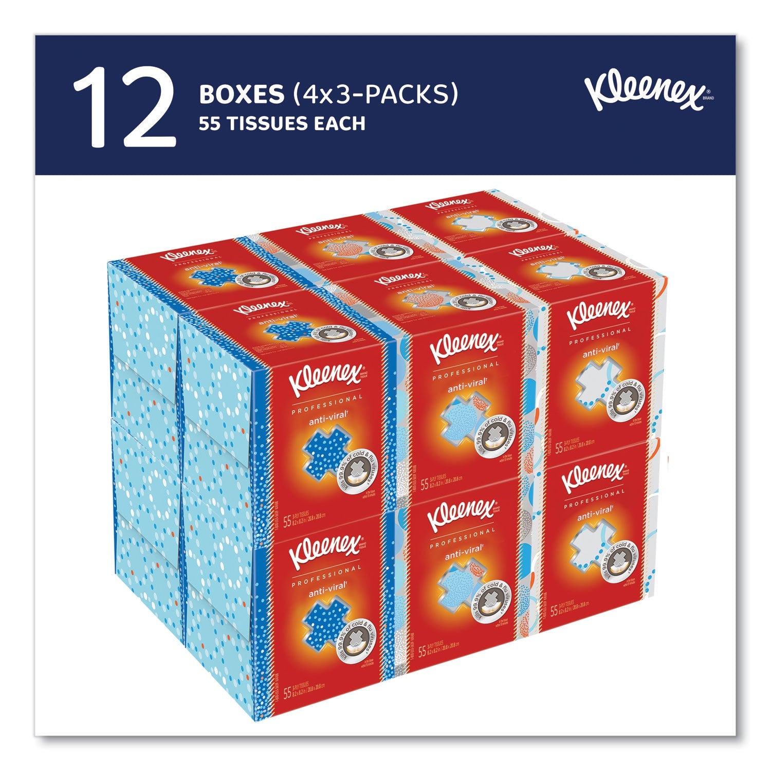 Kleenex® Boutique Anti-Viral Facial Tissue, 3-Ply, White, Pop-Up Box, 60 Sheets/box, 3 Boxes/pack, 4 Packs/carton