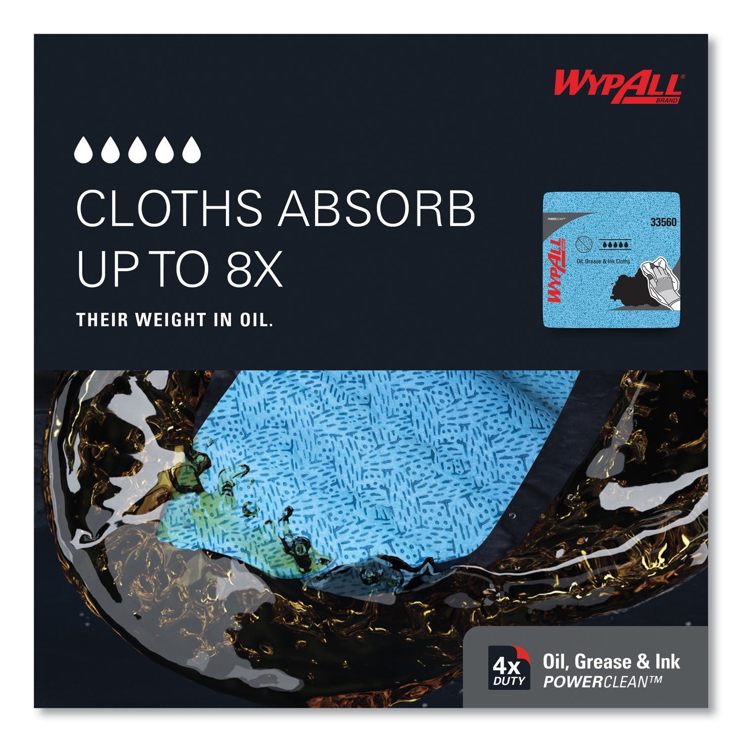 WypAll® Power Clean Oil, Grease and Ink Cloths, 1/4 Fold, 12.5 x 12, Blue, 66/Box, 8 Boxes/Carton