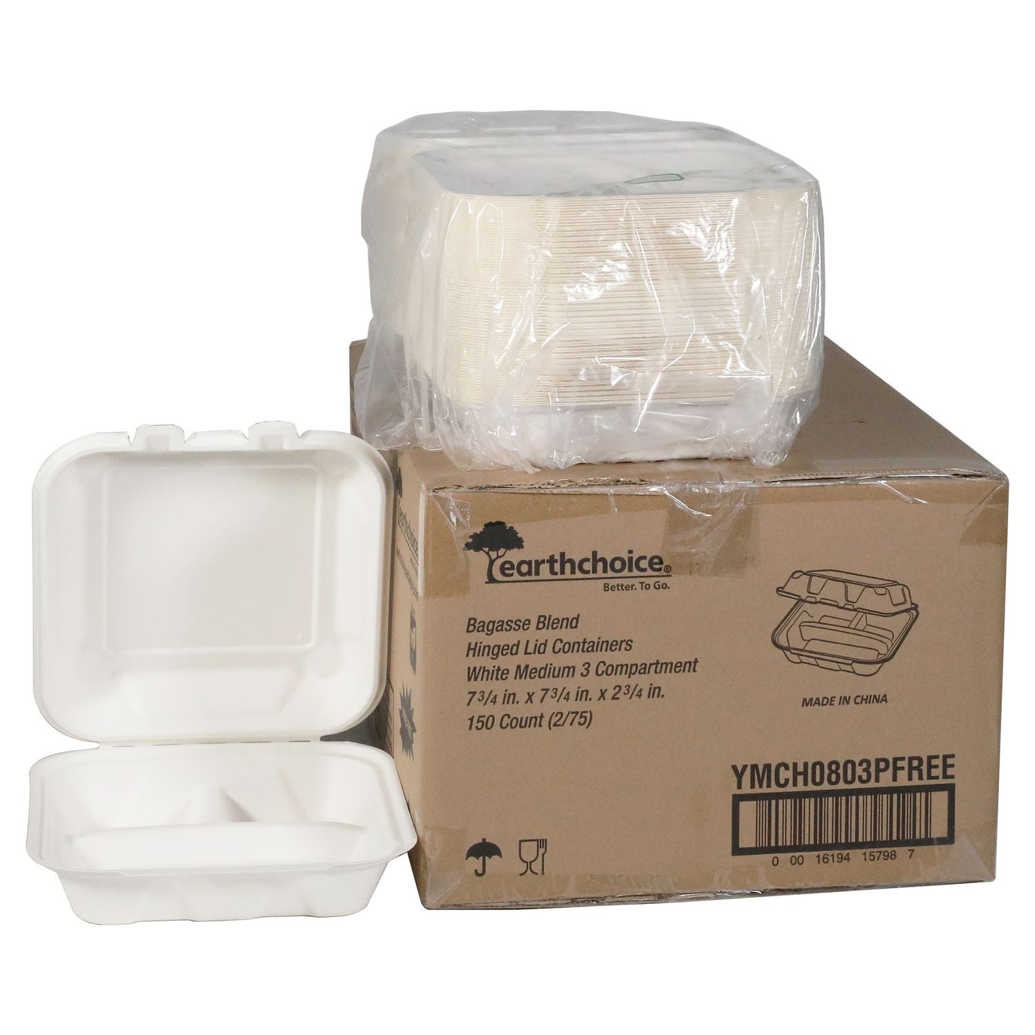 Pactiv Evergreen EarthChoice PFAS Free Compostable Hinged Lid Container, 3 Compartments, 8 x 8 x 3, Natural, Sugarcane, 150/Carton