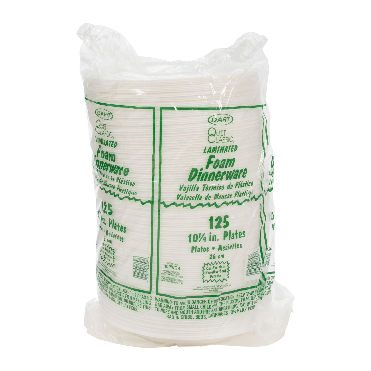 Dart® Quiet Classic Laminated Foam Dinnerware, Plate, 10" dia, White, 500/Carton