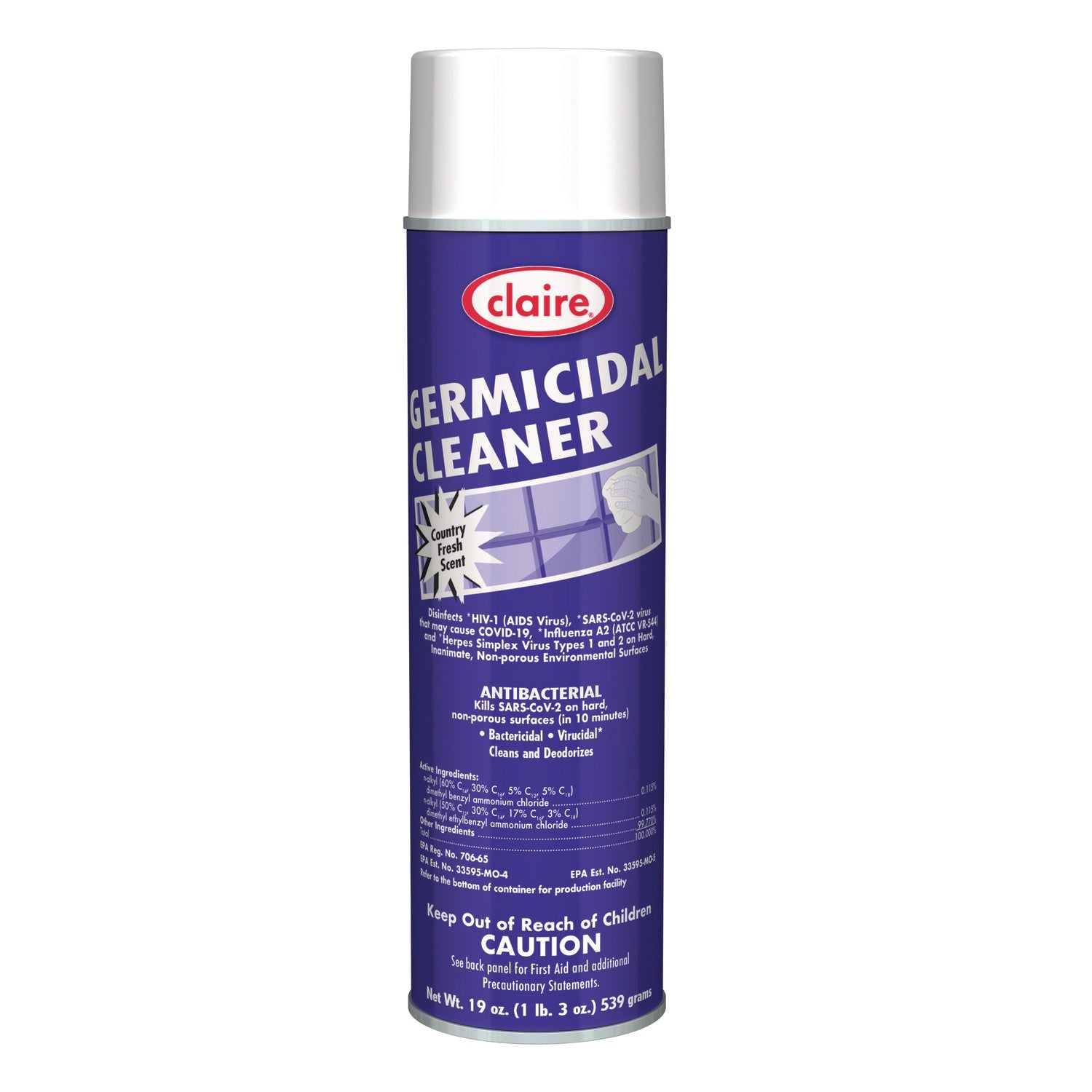 Claire® Germicidal Cleaner, Country Fresh Scent, 19 oz Aerosol Spray, 12/Carton