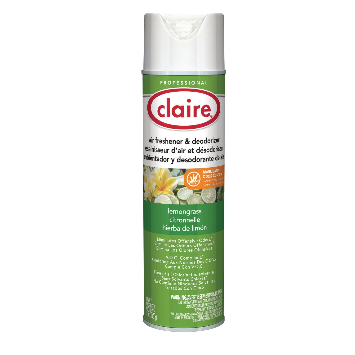 Claire® Aerosol Air Freshener and Deodorizer, Lemongrass Citronella, 12 oz Aerosol Spray, 12 Cans