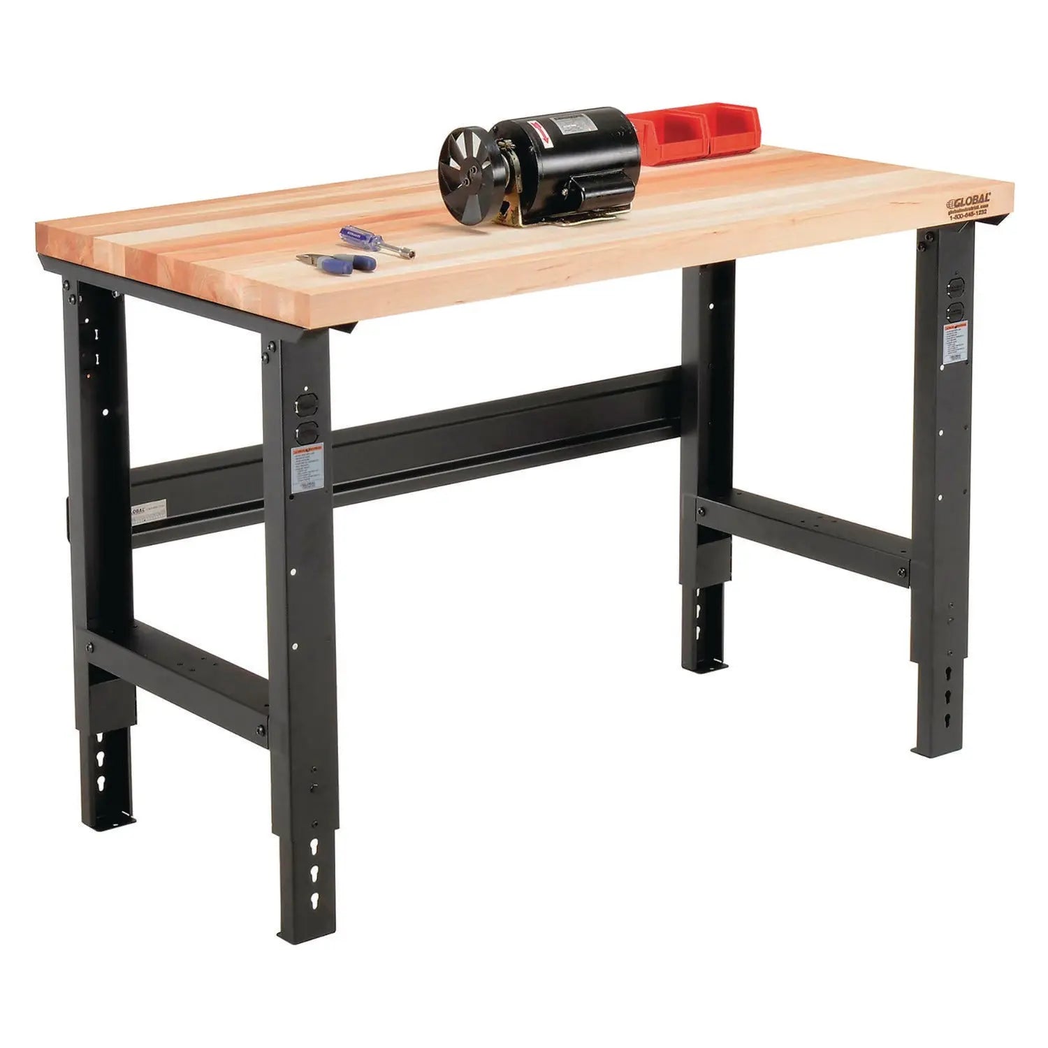 Global Industrial® Standard Duty Butcher Block Top Adjustable Height Workbench, 2,000 lbs, 48 x 30 x 30.88 to 36.88, Maple/Black