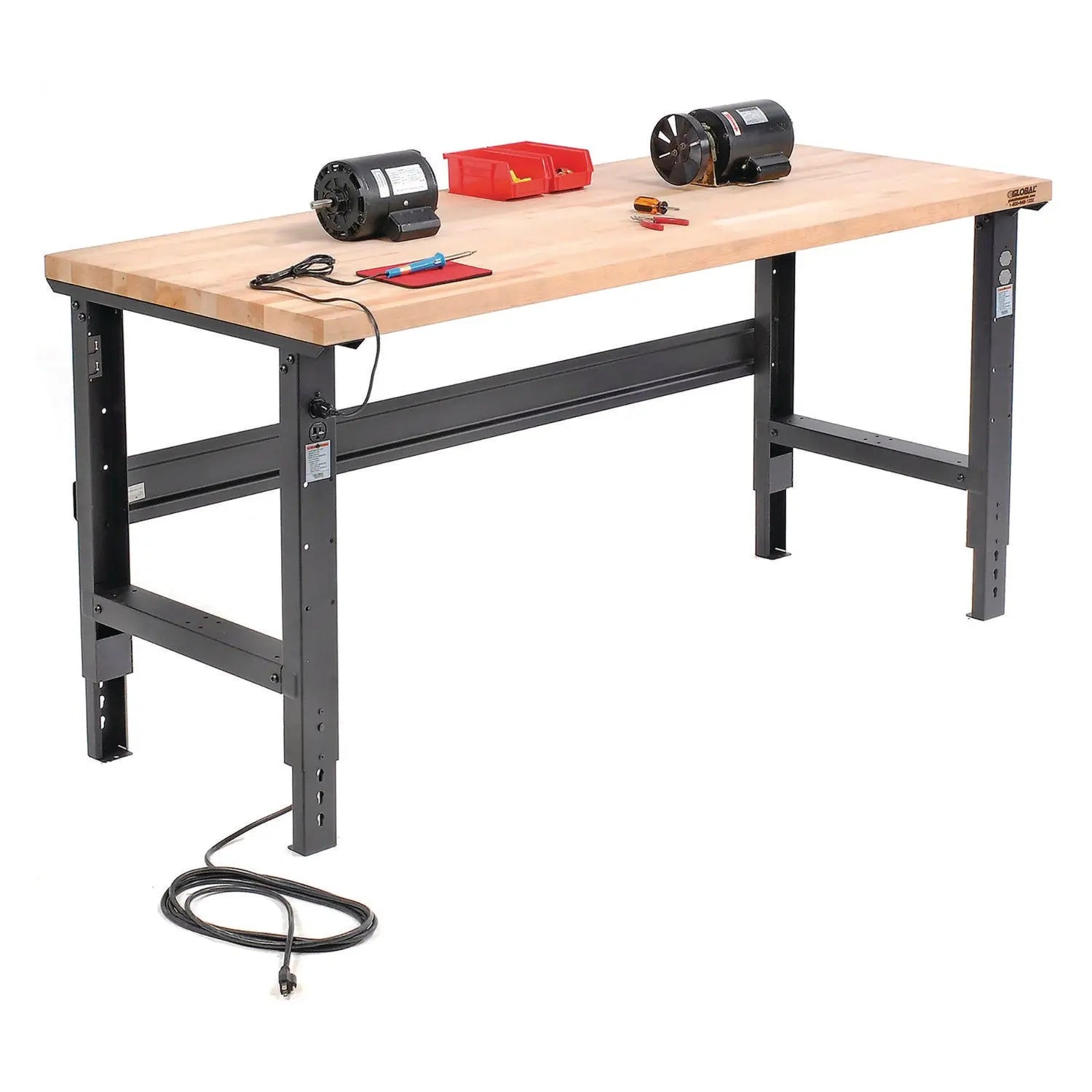 Global Industrial® Standard Duty Butcher Block Top Adjustable Height Workbench, 2,000 lbs, 72 x 36 x 30.88 to 36.88, Maple/Black