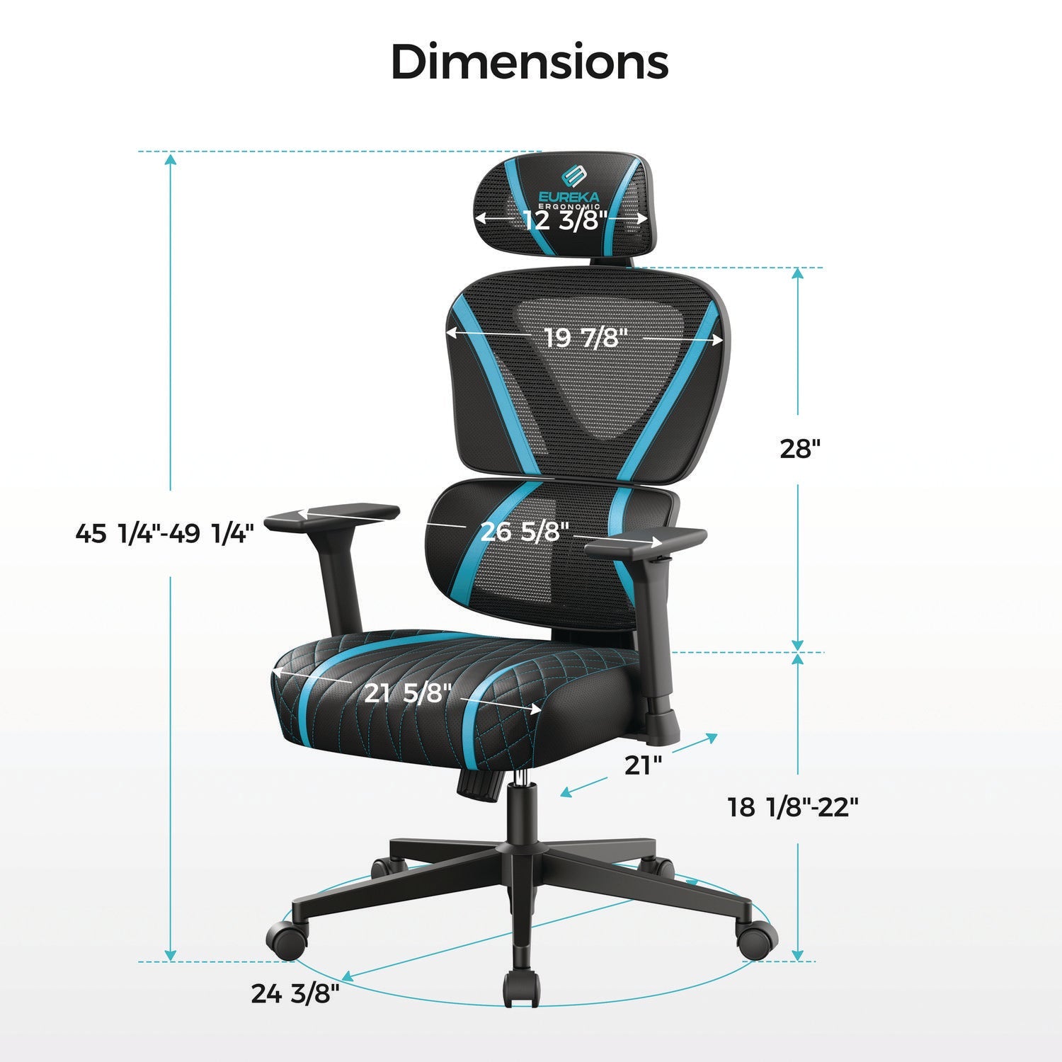 Eureka Ergonomic® Norn Ergonomic Chair, Supports Up to 275 lb, 18.11" to 22.04" Seat Height, Black/Blue Mesh Seat/Back, Black Base - Bloom Skins