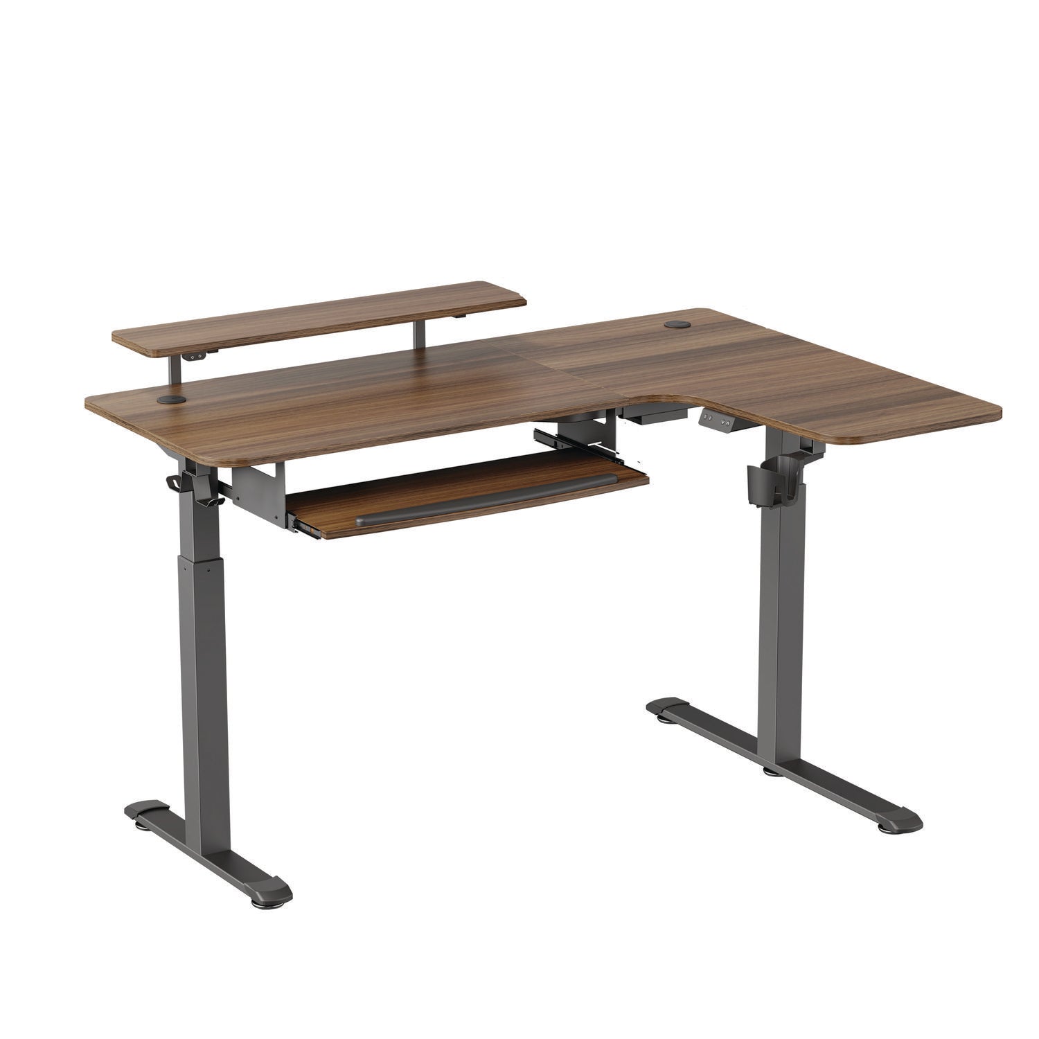 Eureka Ergonomic® L-Shaped Standing Desk with Keyboard Tray, Right Desk, 61.25" x 43.25" x 34.38" to 52.88", Walnut/Black - Bloom Skins