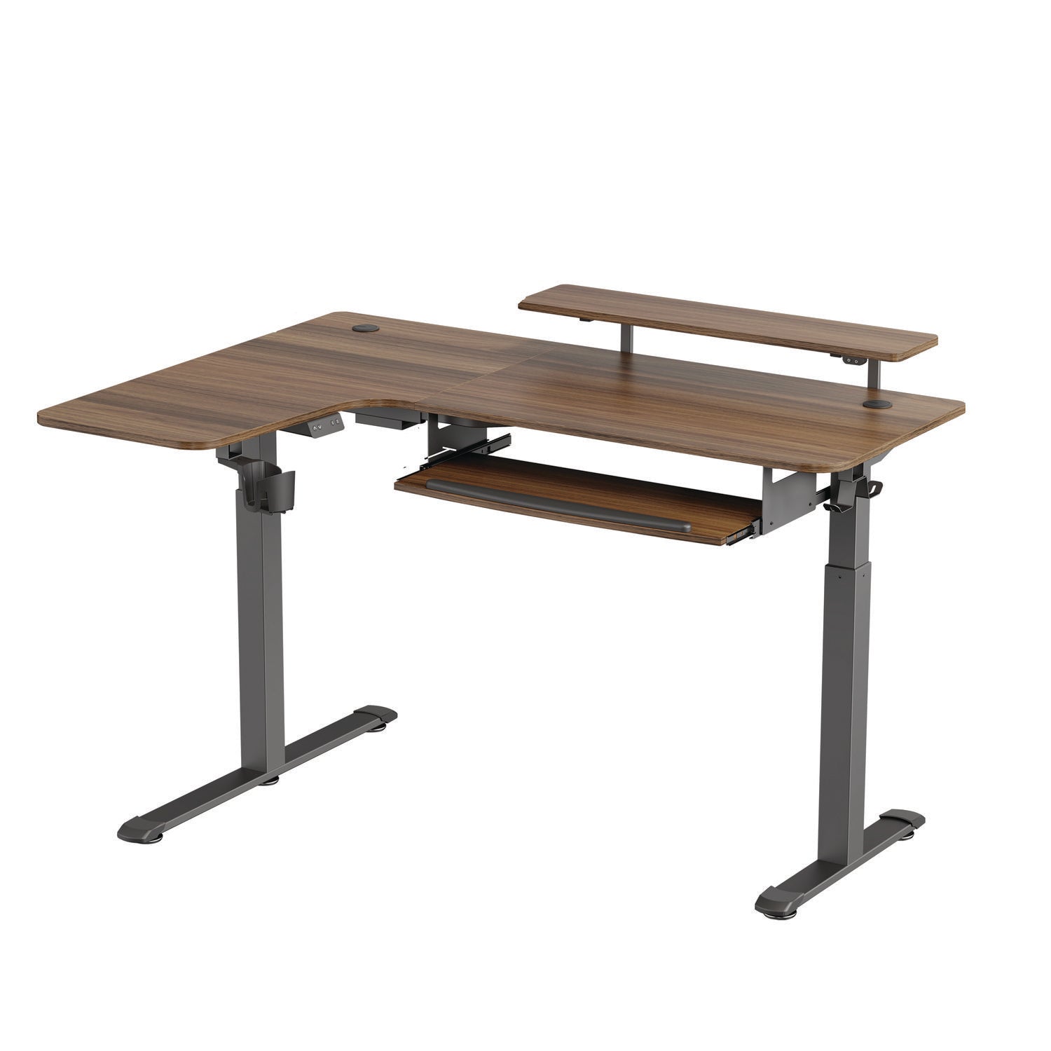 Eureka Ergonomic® L-Shaped Standing Desk with Keyboard Tray, Left Desk, 61.25" x 43.25" x 34.38" to 52.88", Walnut/Black - Bloom Skins