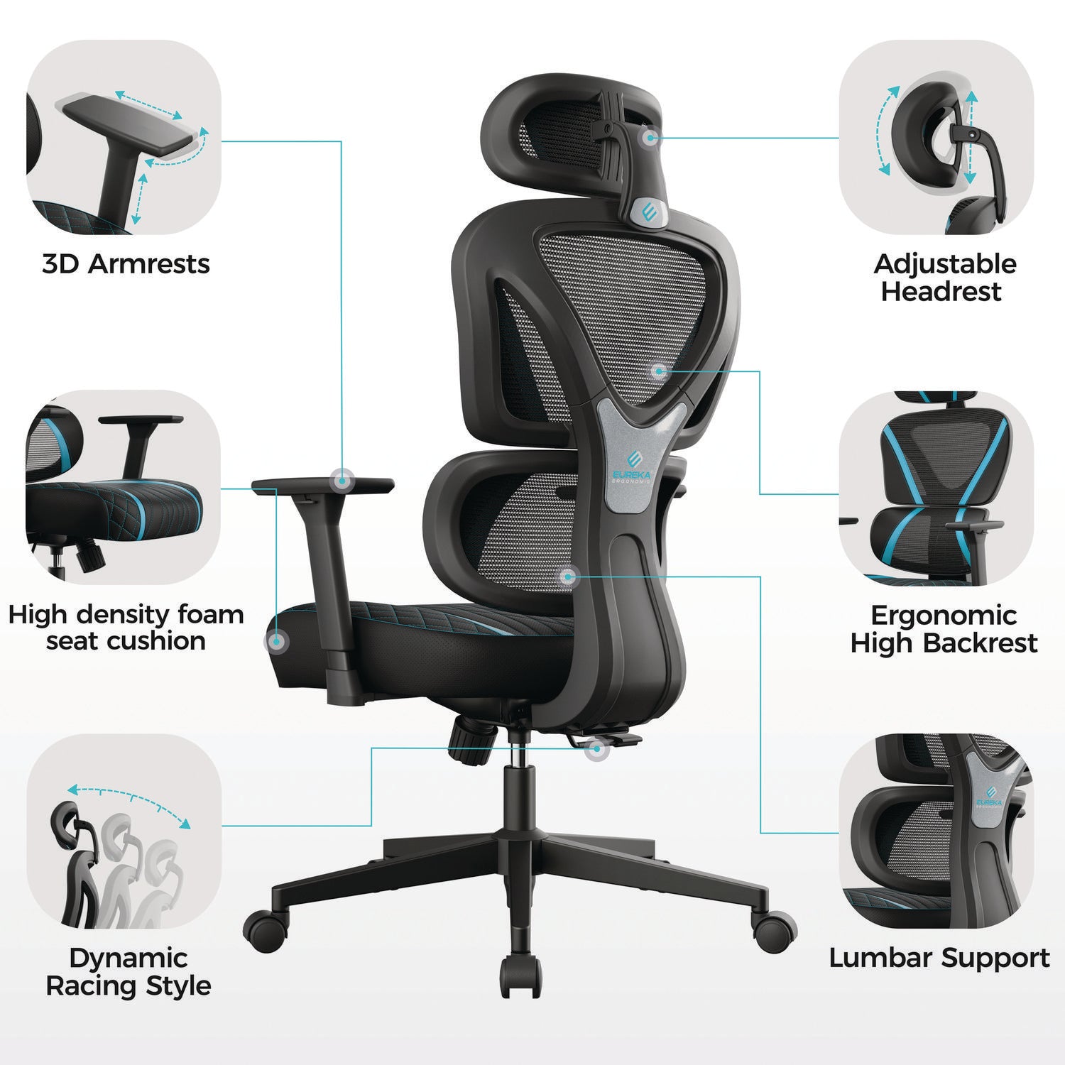 Eureka Ergonomic® Norn Ergonomic Chair, Supports Up to 275 lb, 18.11" to 22.04" Seat Height, Black/Blue Mesh Seat/Back, Black Base - Bloom Skins