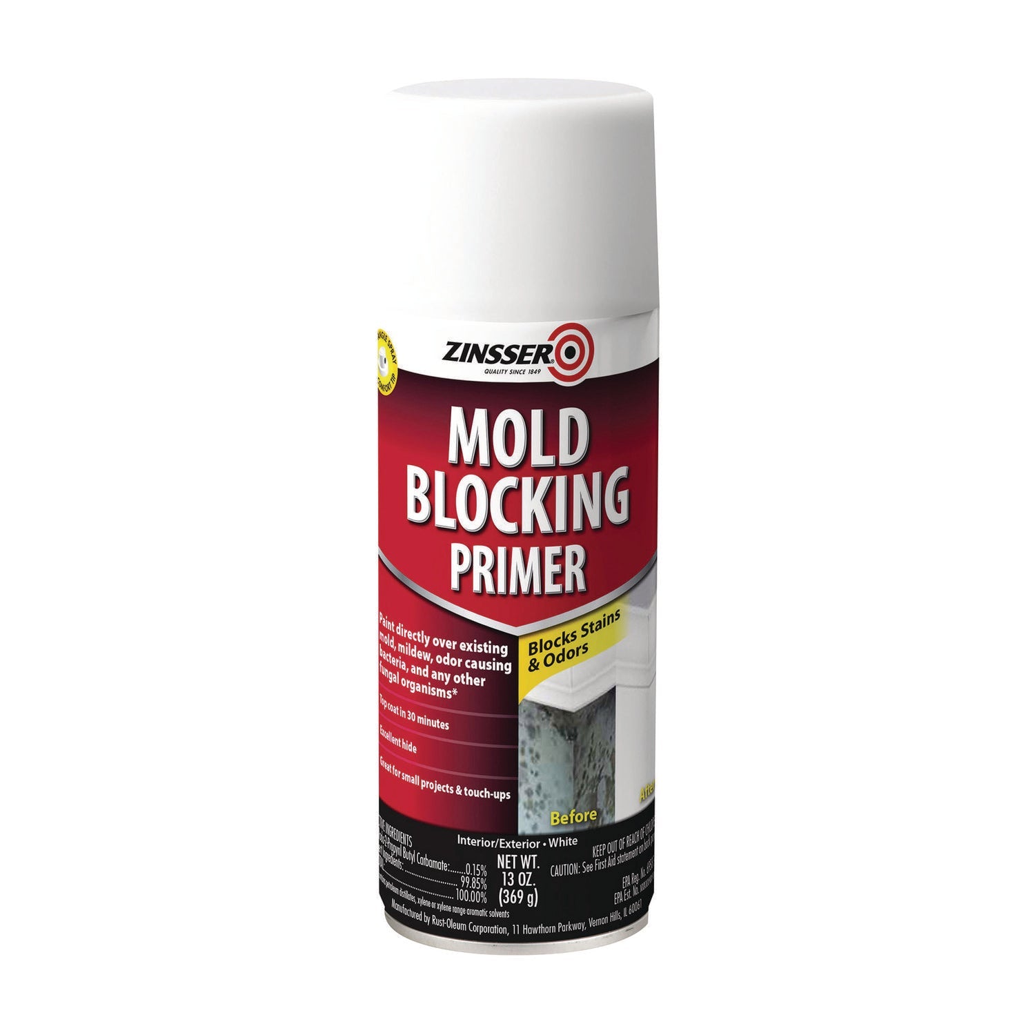 Zinsser® Mold Blocking Primer Spray, Interior/Exterior, Flat White, 13 oz Aerosol Can, 6/Carton