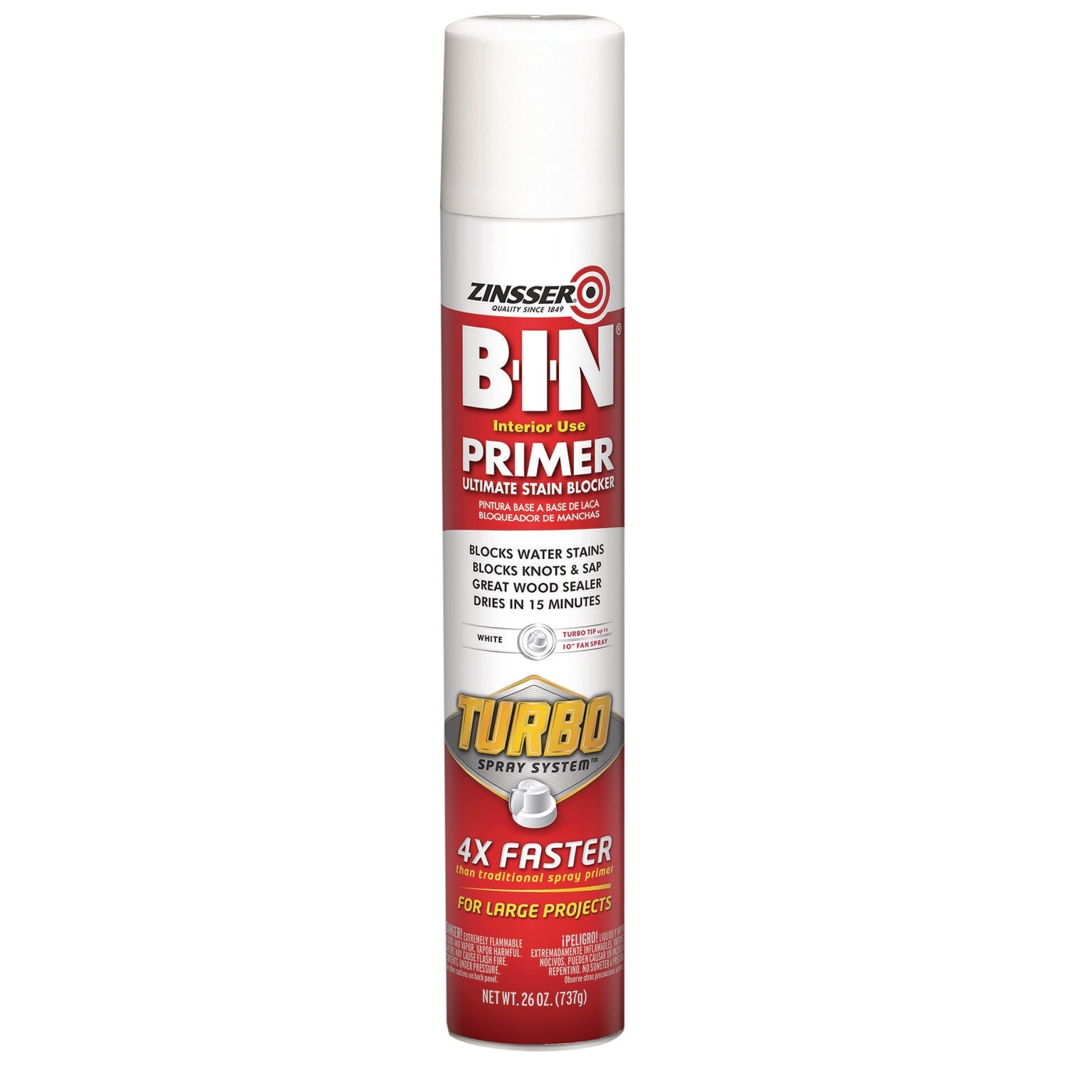 Zinsser® BIN Aerosol Primer with Turbo Spray System, Interior, Flat White, 26 oz Aerosol Can, 6/Carton