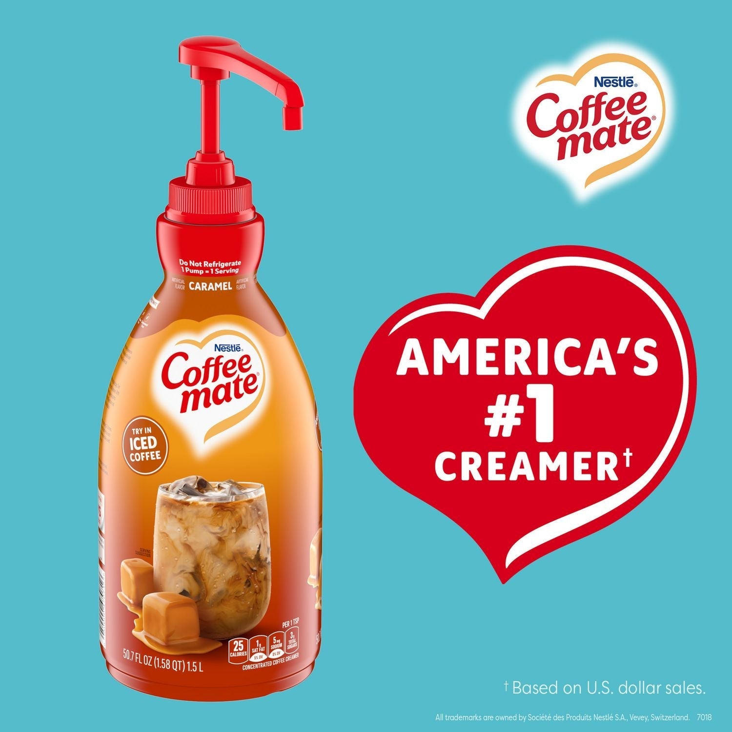 Coffee mate® Liquid Creamer Pump Bottle, Caramel, 50.7 oz Pump Bottle, 2/Carton