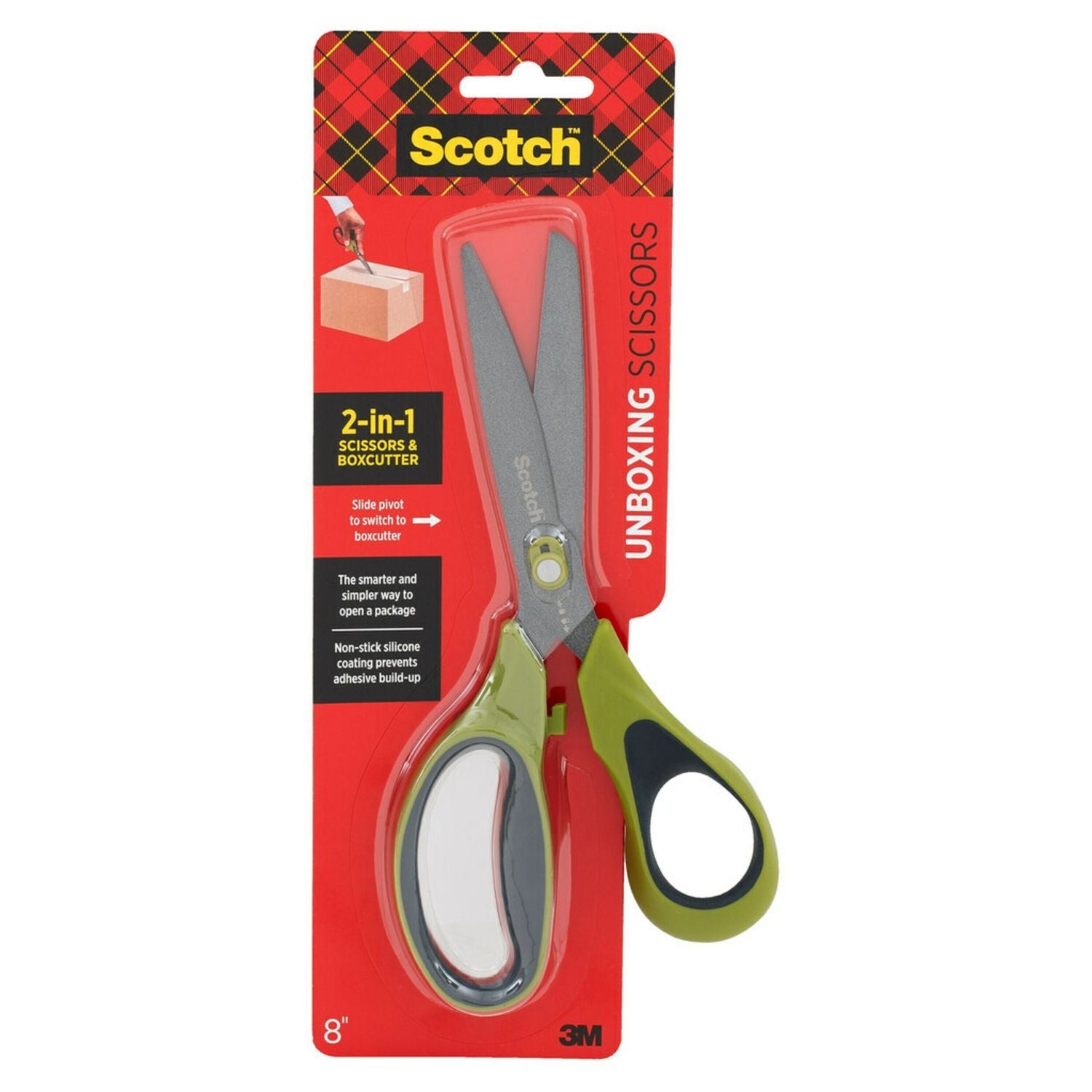 Scotch™ Non-Stick Unboxing Scissors, 8" Long, 2.7" Cut Length, Straight Green/Black Handle