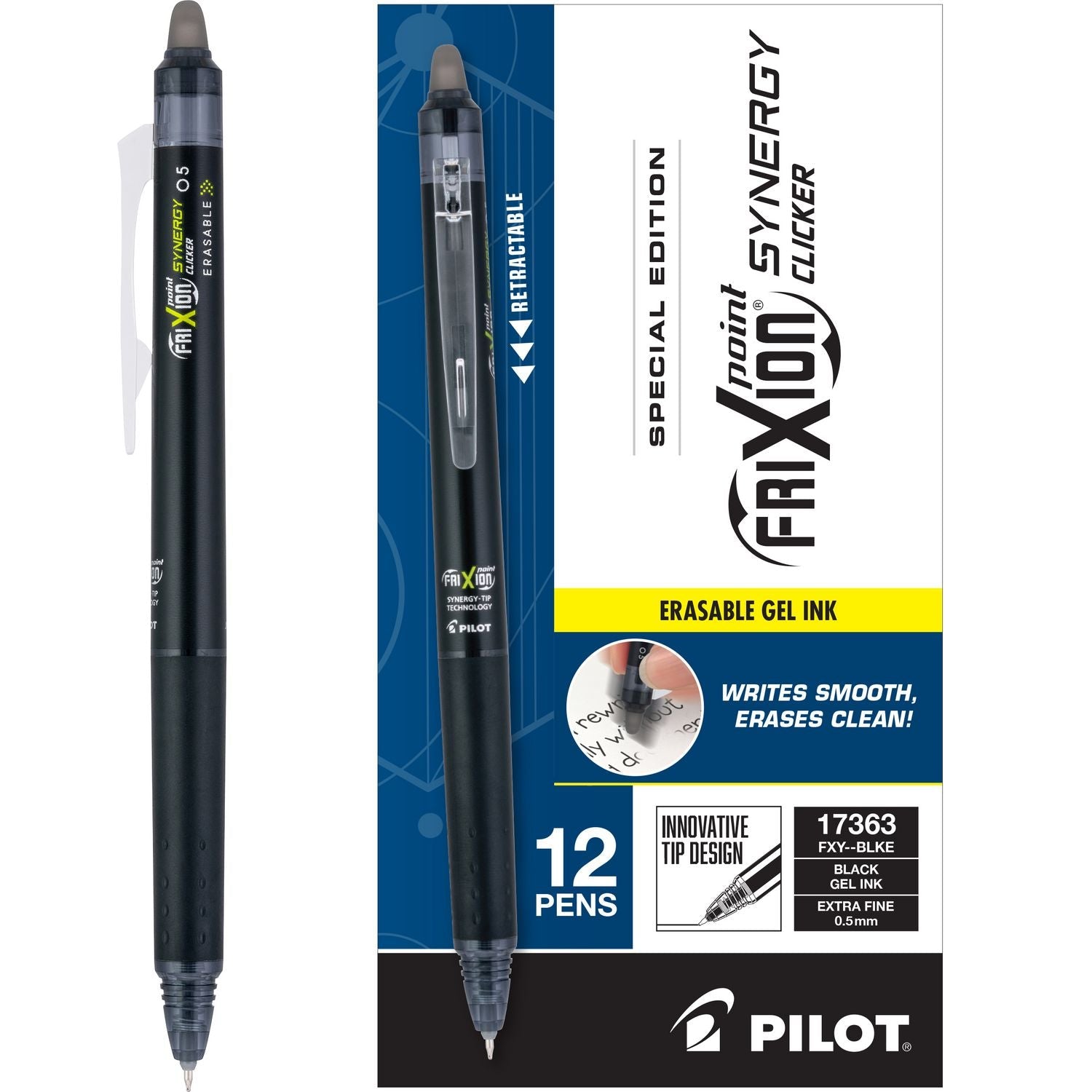 Pilot® FriXion Synergy Clicker Erasable Gel Pen, Retractable, Extra-Fine 0.5 mm, Black Ink, Black/Smoke Barrel, Dozen - Bloom Skins