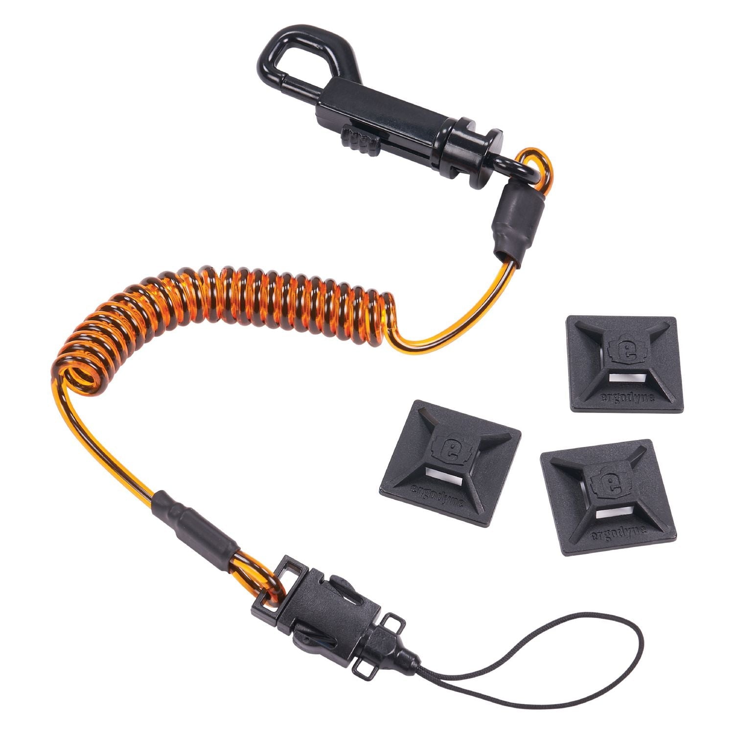 ergodyne® Squids 3151 Coil Lanyard Swivel Hook/Detachable Loop, Mini Adhesive Mount, 2 lb Max Working Capacity, 12" Long, Black/Orange