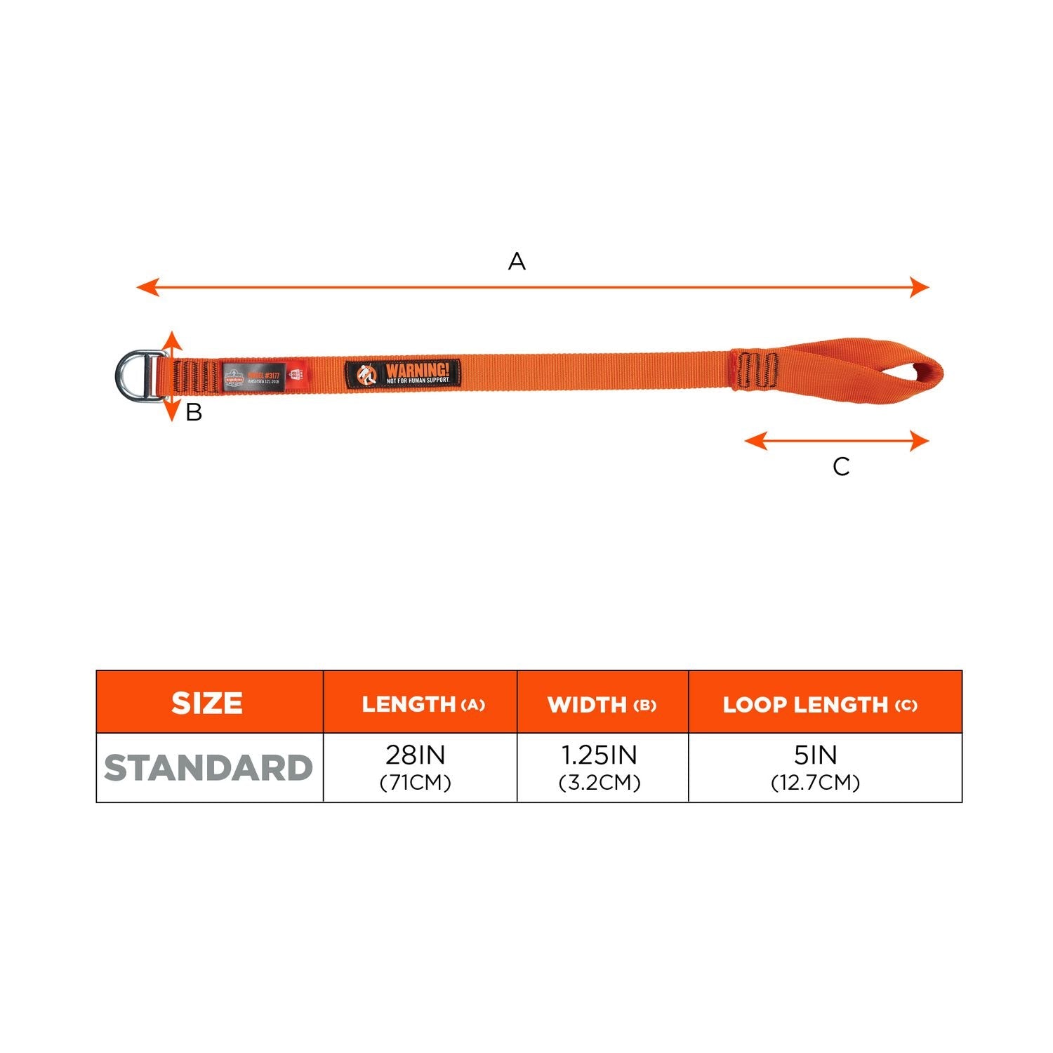 ergodyne® Squids 3177 Anchor Choke Strap for Tool Tethering, 60 lb Max Safe Working Capacity, 28" Long, Orange