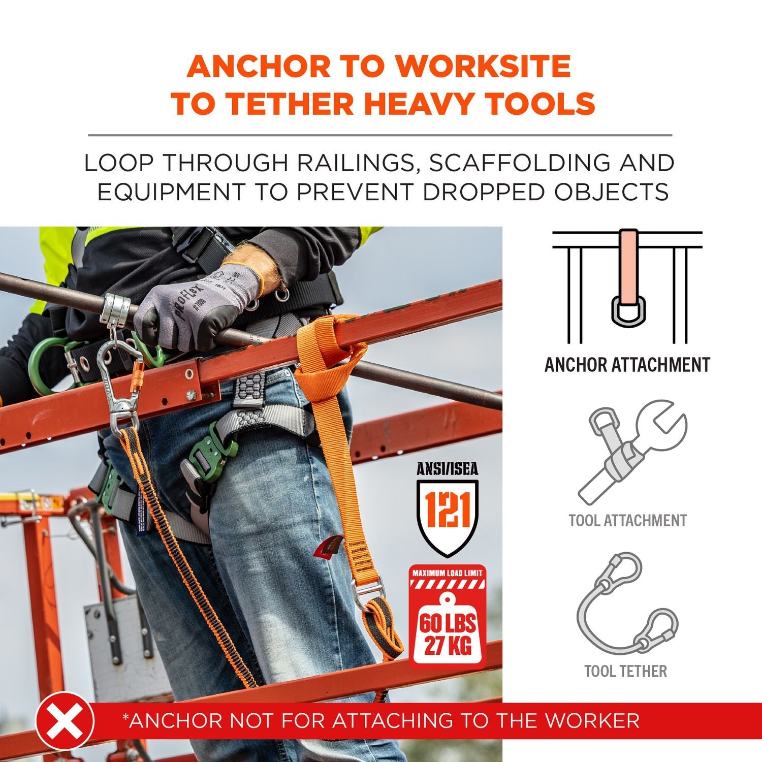 ergodyne® Squids 3177 Anchor Choke Strap for Tool Tethering, 60 lb Max Safe Working Capacity, 28" Long, Orange