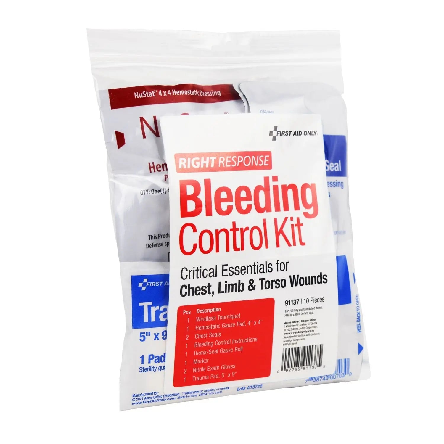 First Aid Only™ Critical Essentials Bleeding Control Kit for Limb, Chest and Torso Wounds, 11 Pieces, Plastic Bag