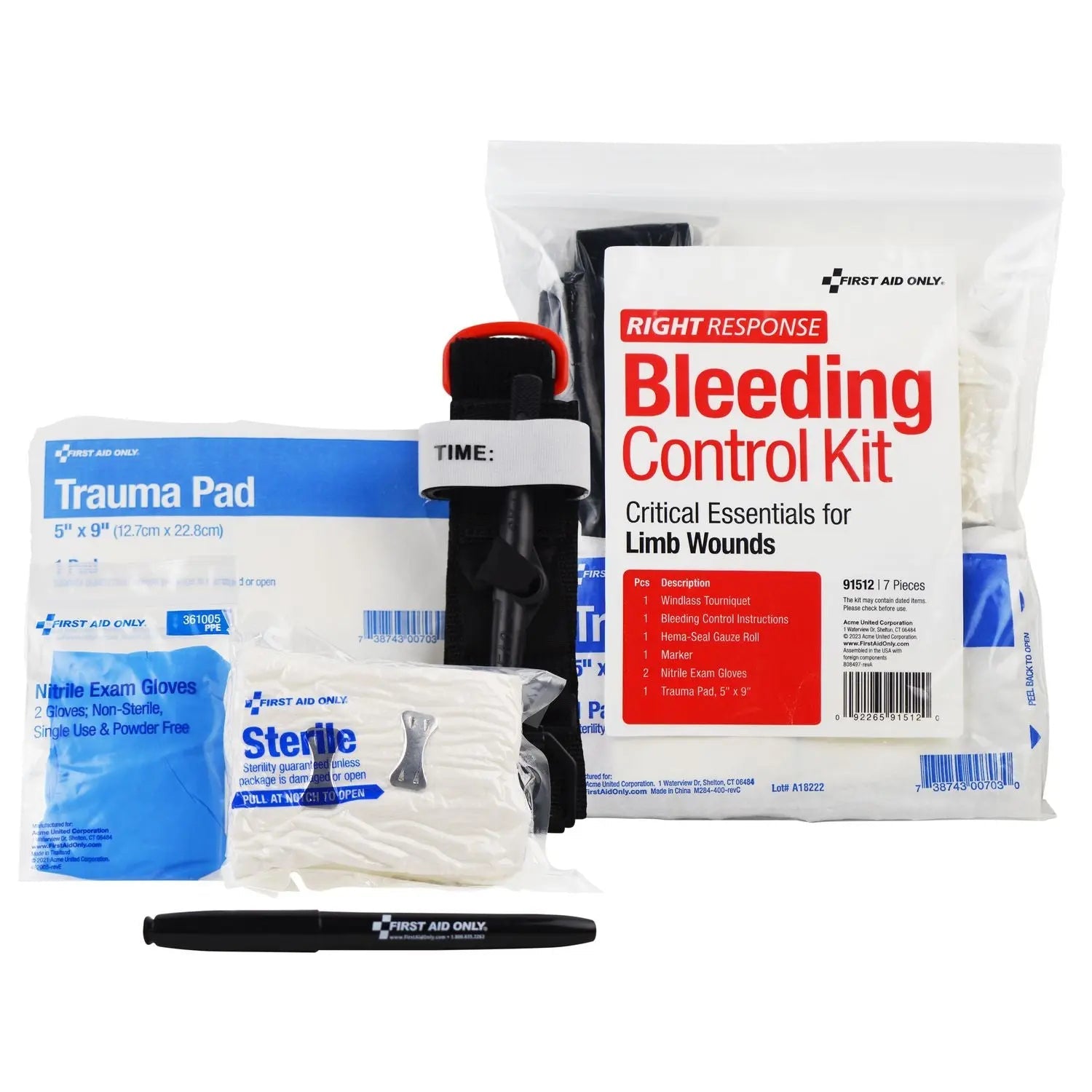 First Aid Only™ Critical Essentials Bleeding Control Kit for Limb Wounds, 8 Pieces, Plastic Bag