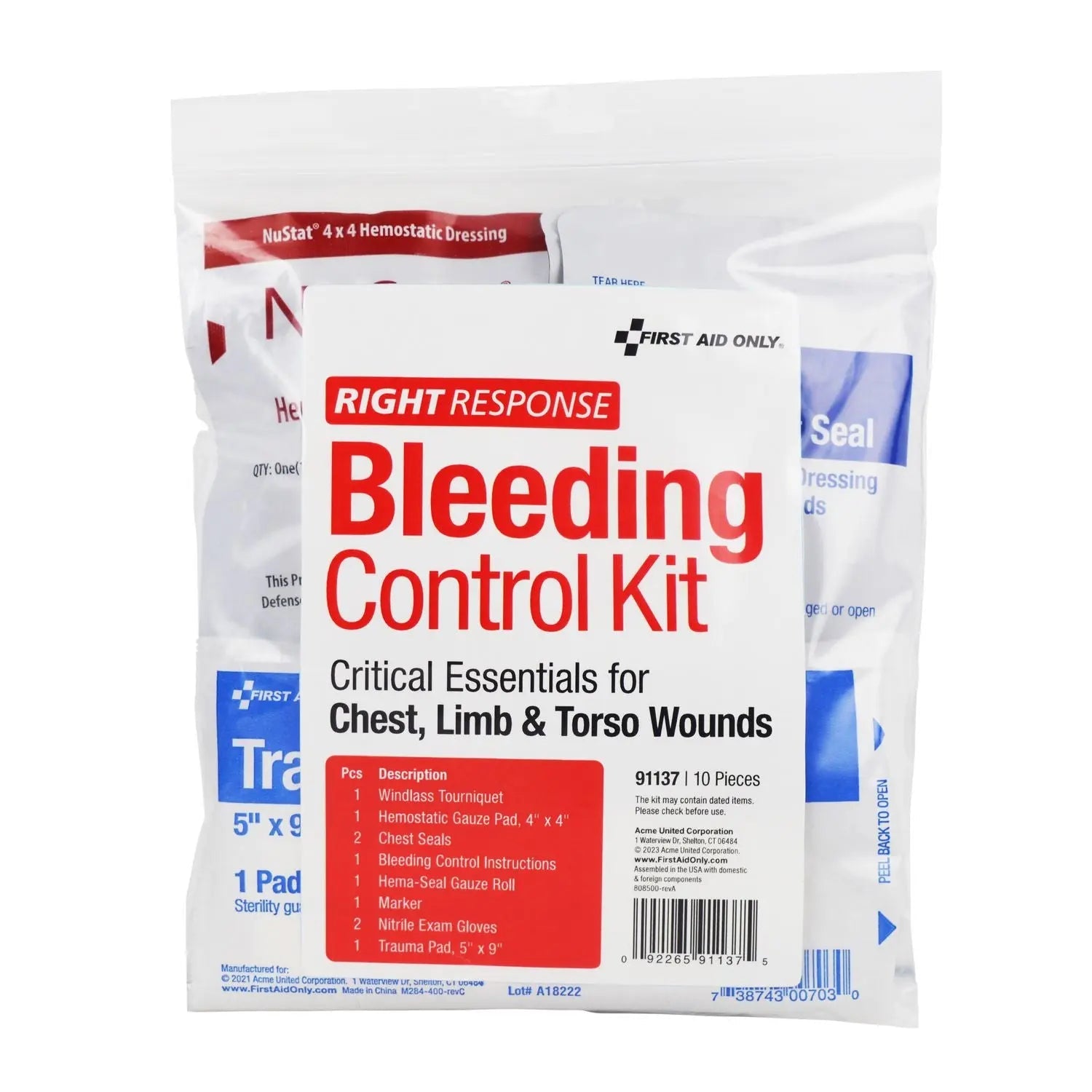 First Aid Only™ Critical Essentials Bleeding Control Kit for Limb, Chest and Torso Wounds, 11 Pieces, Plastic Bag