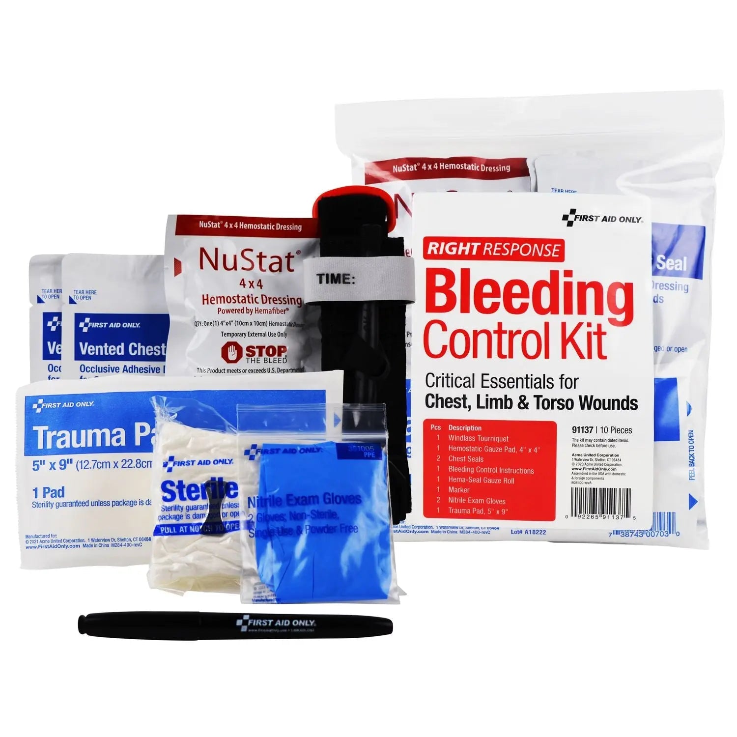 First Aid Only™ Critical Essentials Bleeding Control Kit for Limb, Chest and Torso Wounds, 11 Pieces, Plastic Bag