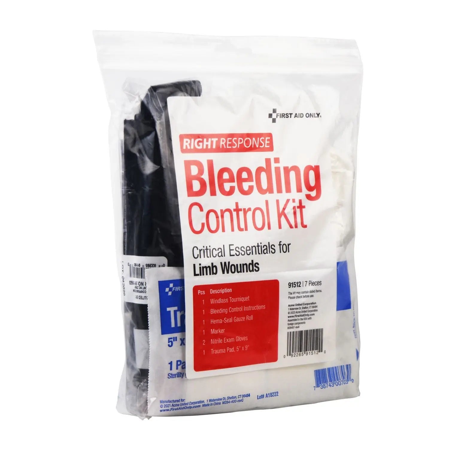 First Aid Only™ Critical Essentials Bleeding Control Kit for Limb Wounds, 8 Pieces, Plastic Bag