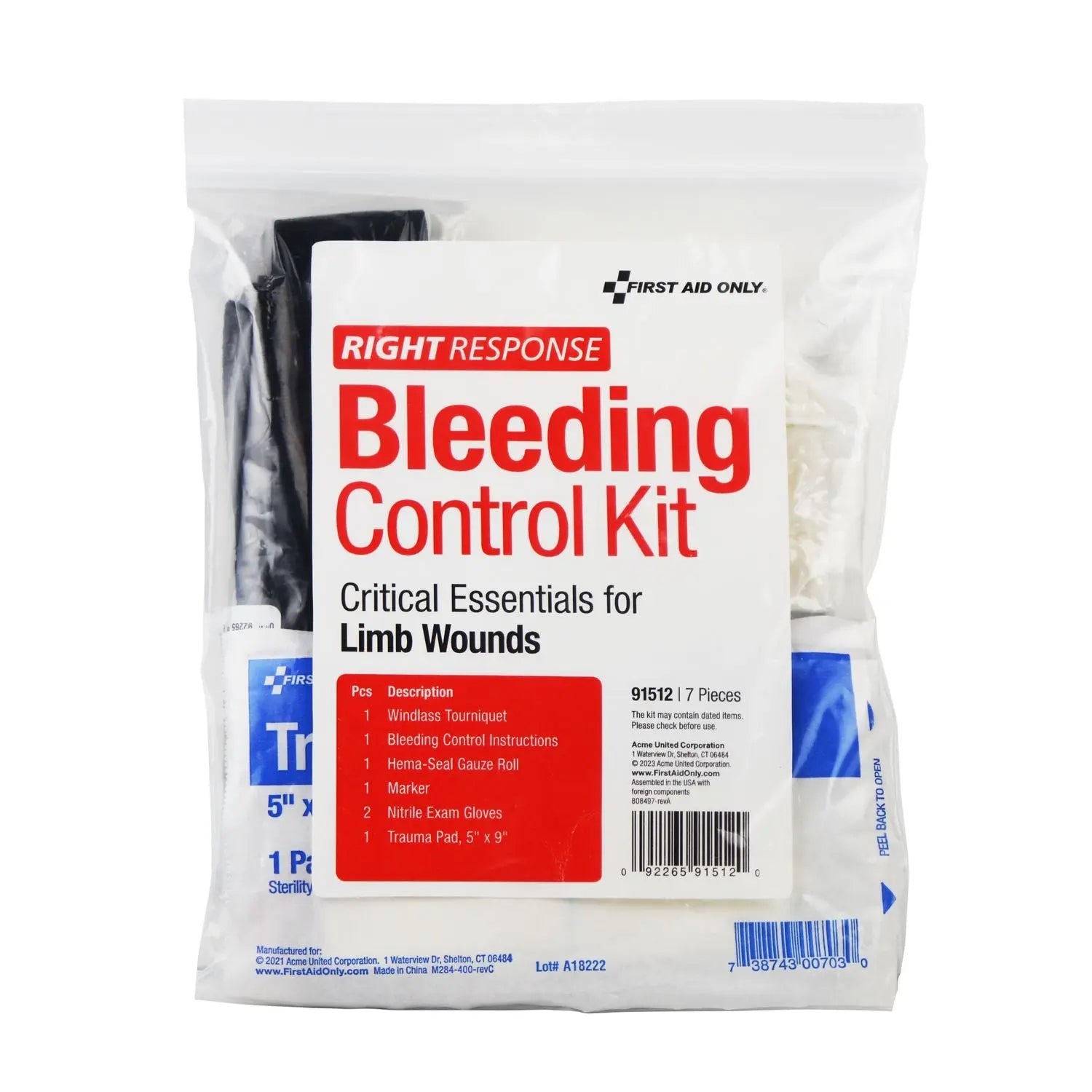 First Aid Only™ Critical Essentials Bleeding Control Kit for Limb Wounds, 8 Pieces, Plastic Bag