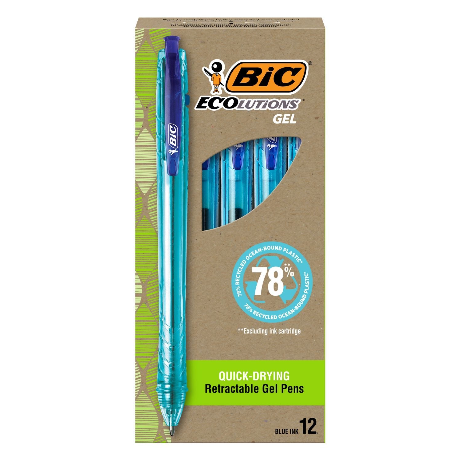 BIC® Ecolutions Gel Pen, Retractable, Medium 1 mm, Blue Ink, Blue Barrel, Dozen