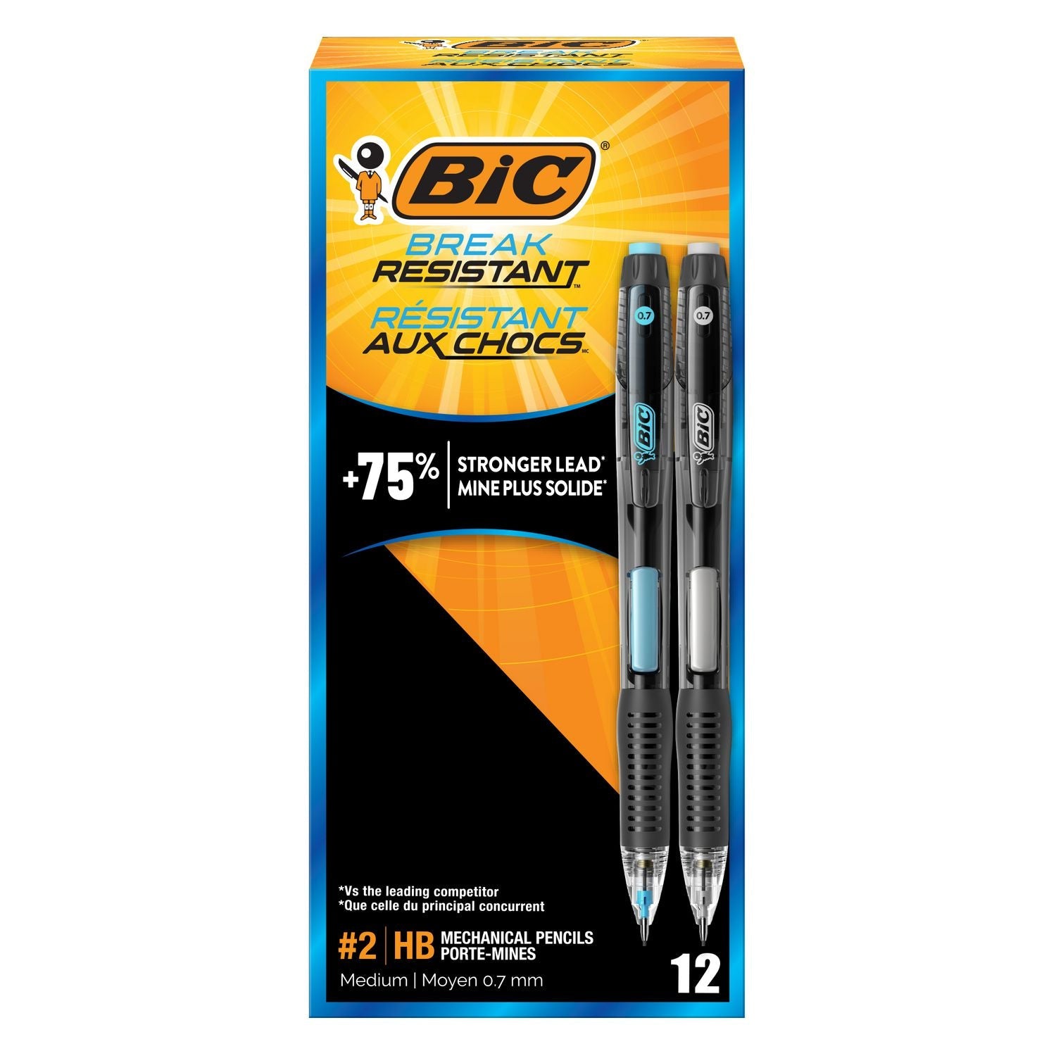 BIC® Break-Resistant Mechanical Pencils with Erasers, 0.7 mm, HB (#2), Black Lead, Assorted Barrel Colors, Dozen