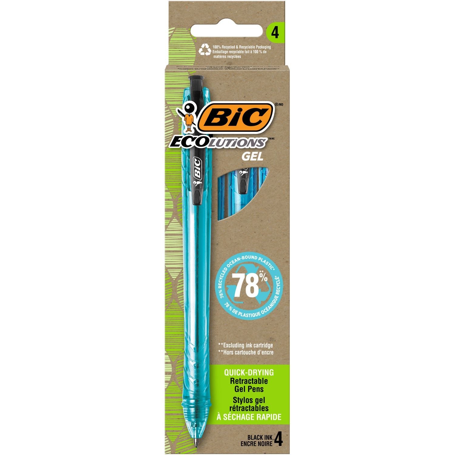 BIC® Ecolutions Gel Pen, Retractable, Medium 1 mm, Black Ink, Blue Barrel, 4/Pack