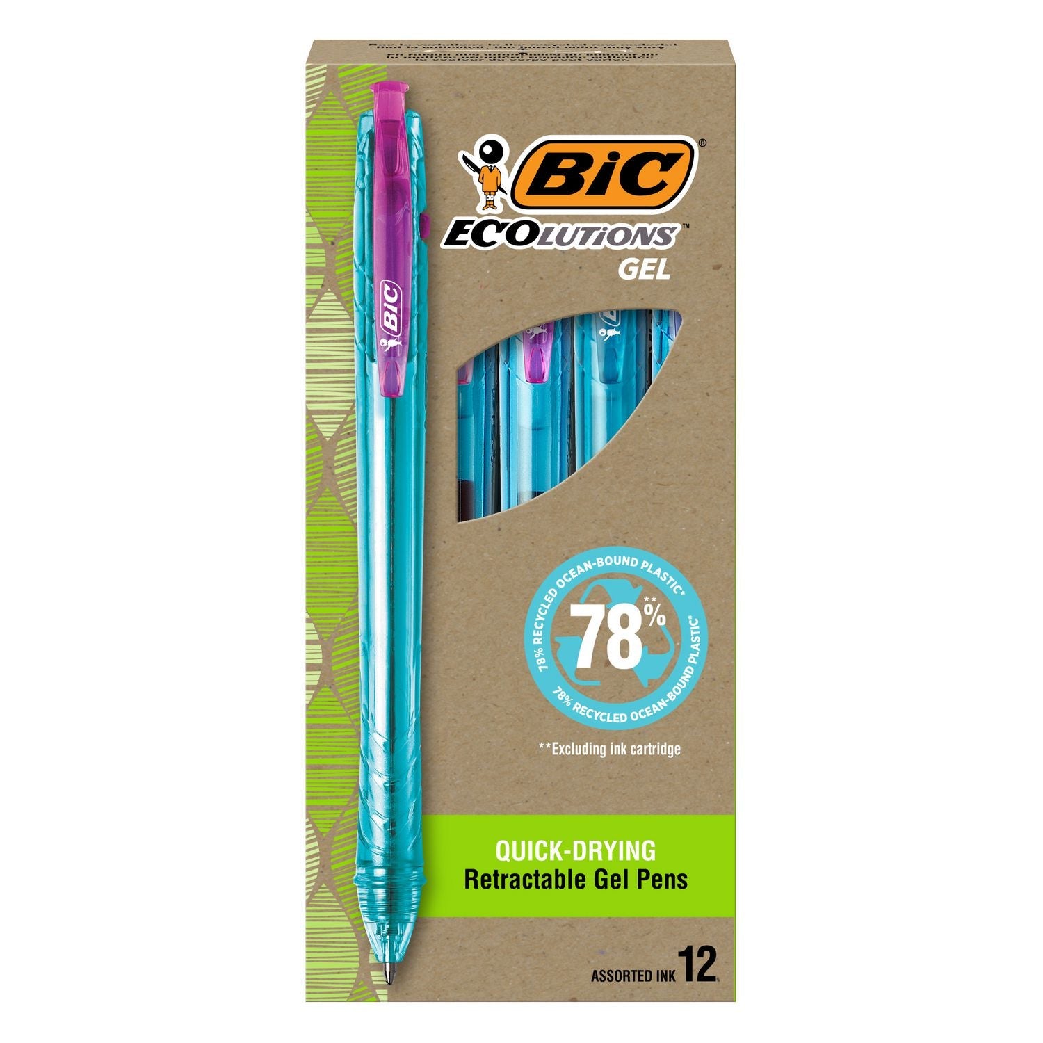 BIC® Ecolutions Gel Pen, Retractable, Medium 1 mm, Assorted Ink Colors, Blue Barrel, Dozen