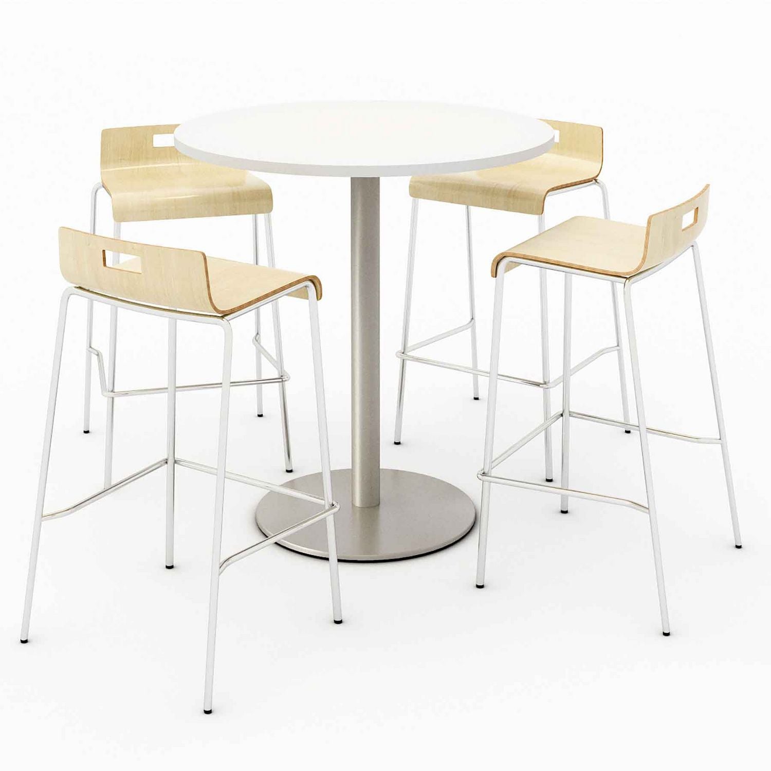 KFI Studios Pedestal Bistro Table with Four Natural Jive Series Barstools, Round, 36" Dia x 41h, Designer White