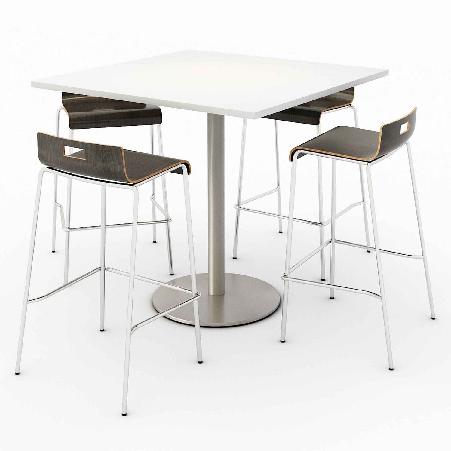 KFI Studios Pedestal Bistro Table with Four Espresso Jive Series Barstools, Square, 36 x 36 x 41, Designer White