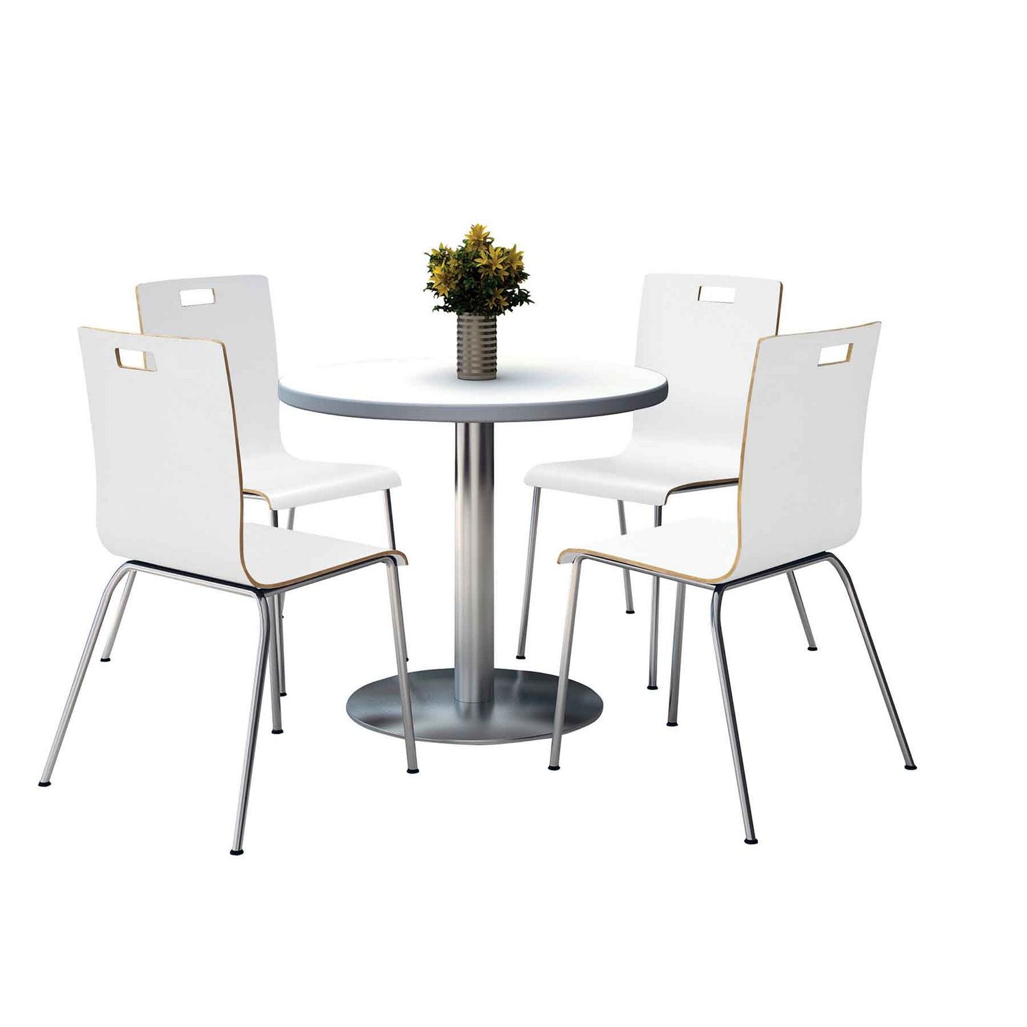 KFI Studios Pedestal Table with Four White Jive Series Chairs, Round, 36" Dia x 29h, Crisp Linen
