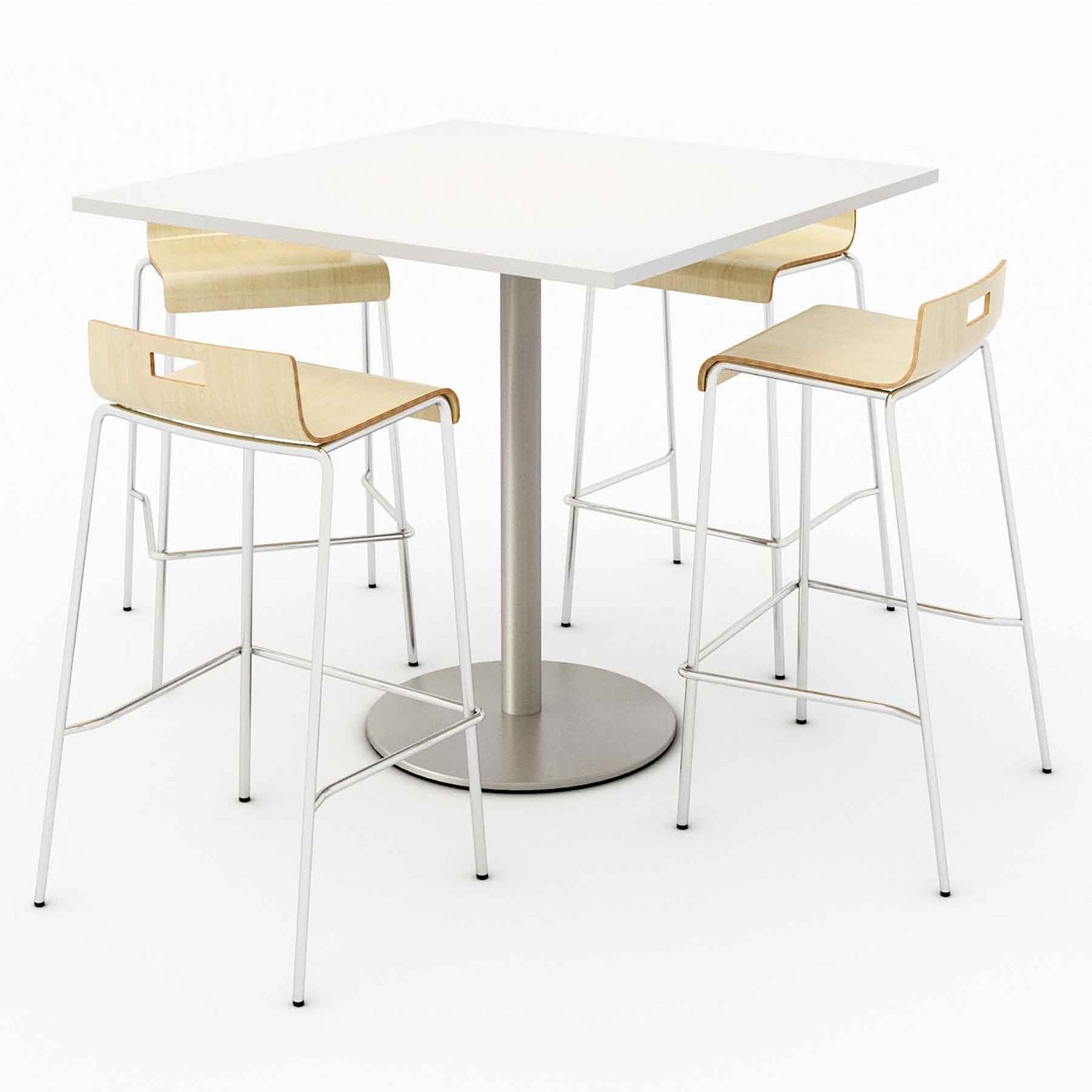 KFI Studios Pedestal Bistro Table with Four Natural Jive Series Barstools, Square, 36 x 36 x 41, Designer White