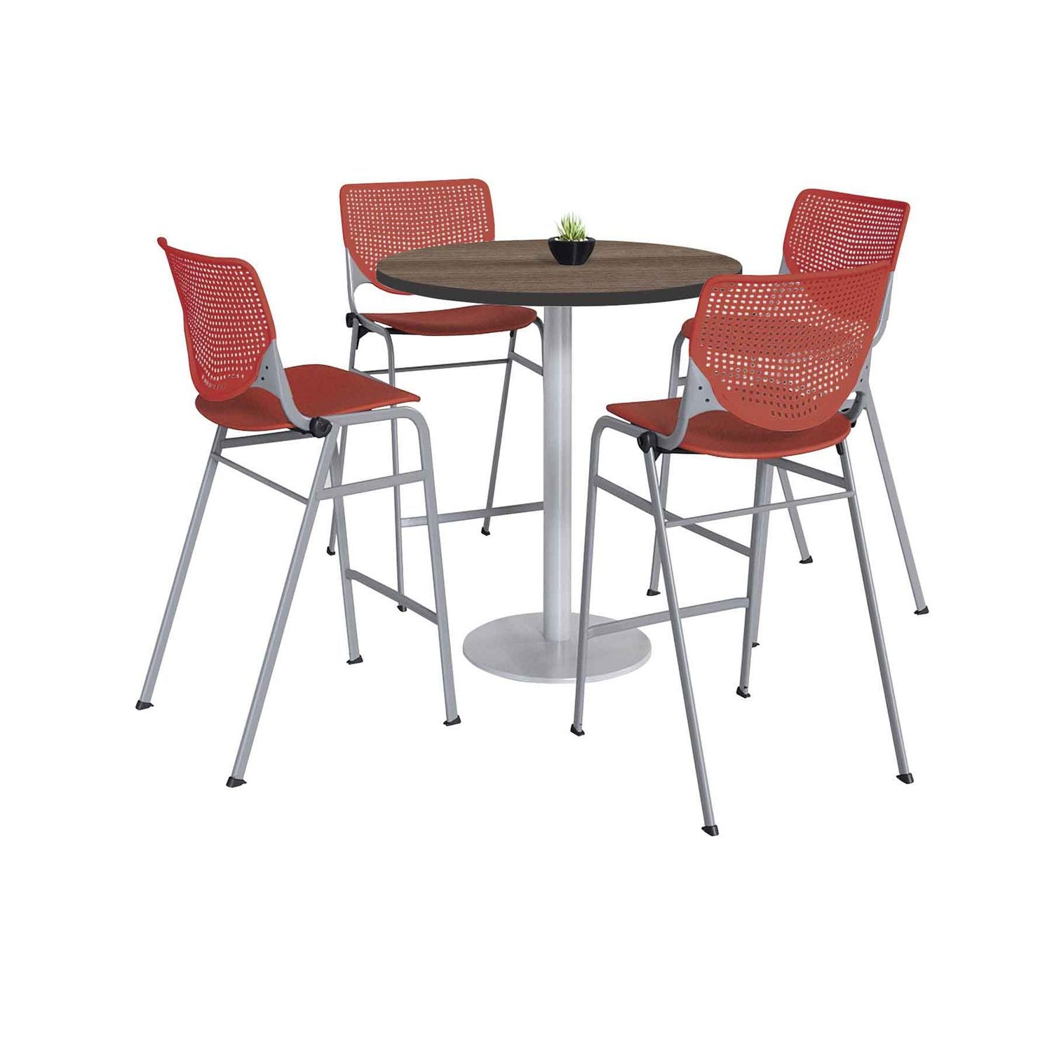 KFI Studios Pedestal Bistro Table with Four Coral Kool Series Barstools, Round, 36" Dia x 41h, Studio Teak