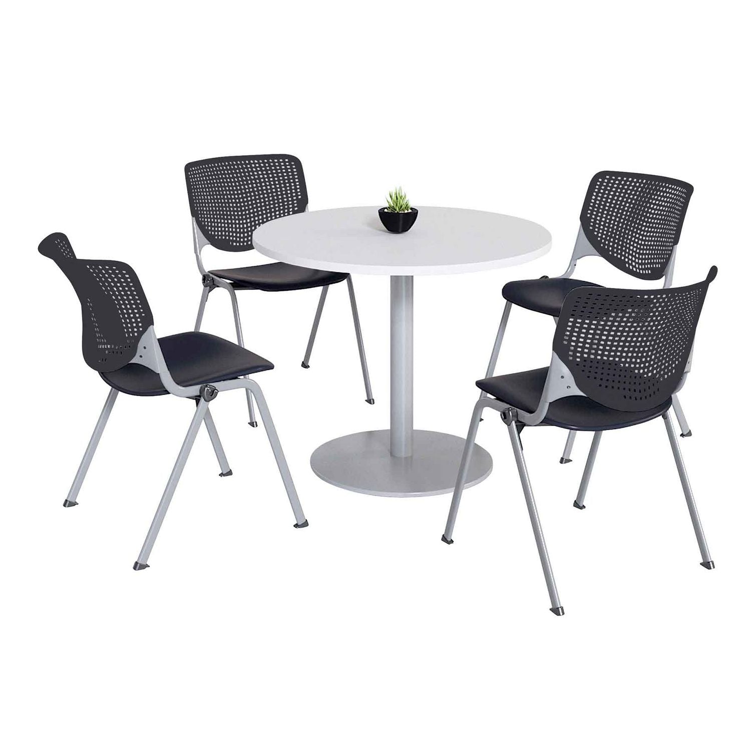 KFI Studios Pedestal Table with Four Black Kool Series Chairs, Round, 36" Dia x 29h, Designer White