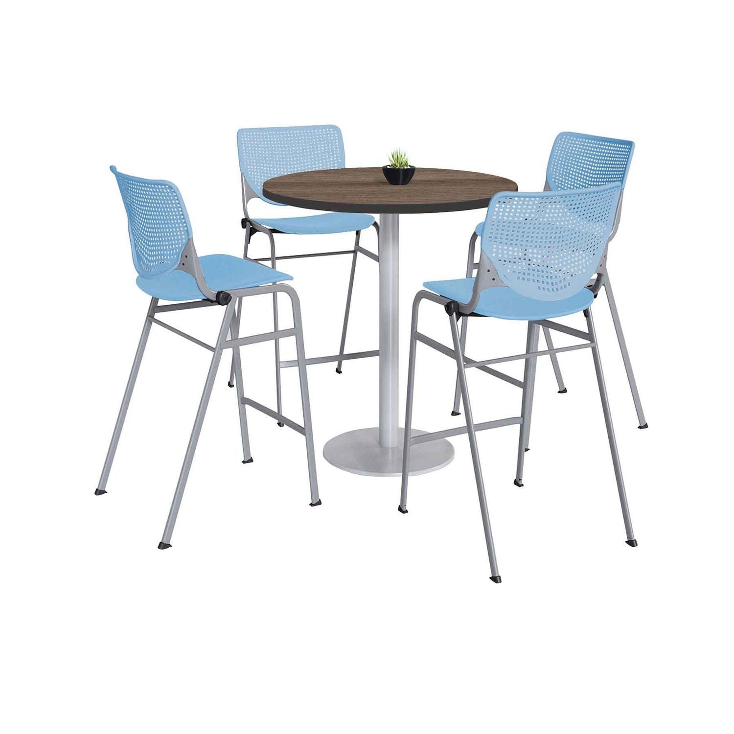 KFI Studios Pedestal Bistro Table with Four Sky Blue Kool Series Barstools, Round, 36" Dia x 41h, Studio Teak