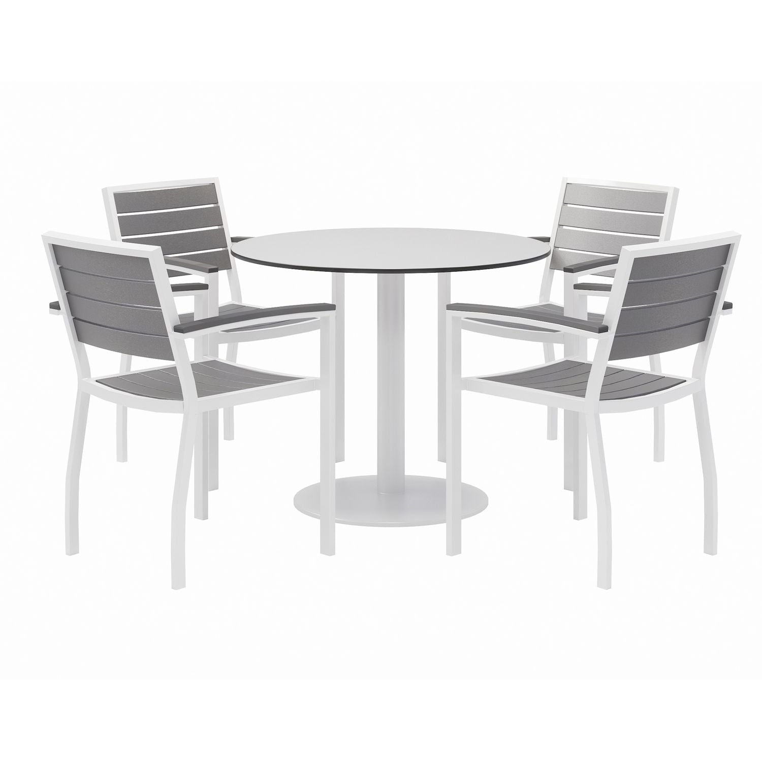 KFI Studios Eveleen Outdoor Patio Table, Four Gray Powder-Coated Polymer Chairs, Round, 36" Dia x 29h, White