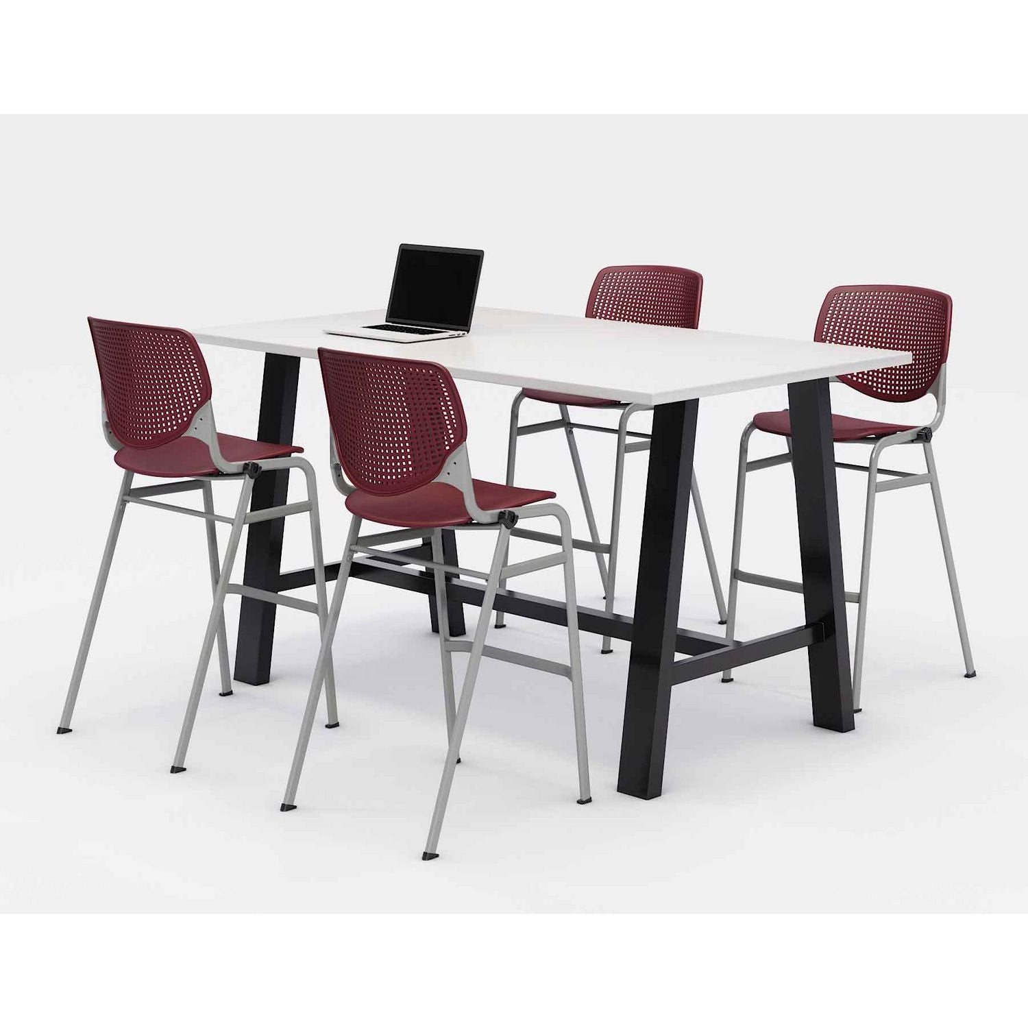 KFI Studios Midtown Bistro Dining Table with Four Burgundy Kool Barstools, 36 x 72 x 41, Designer White