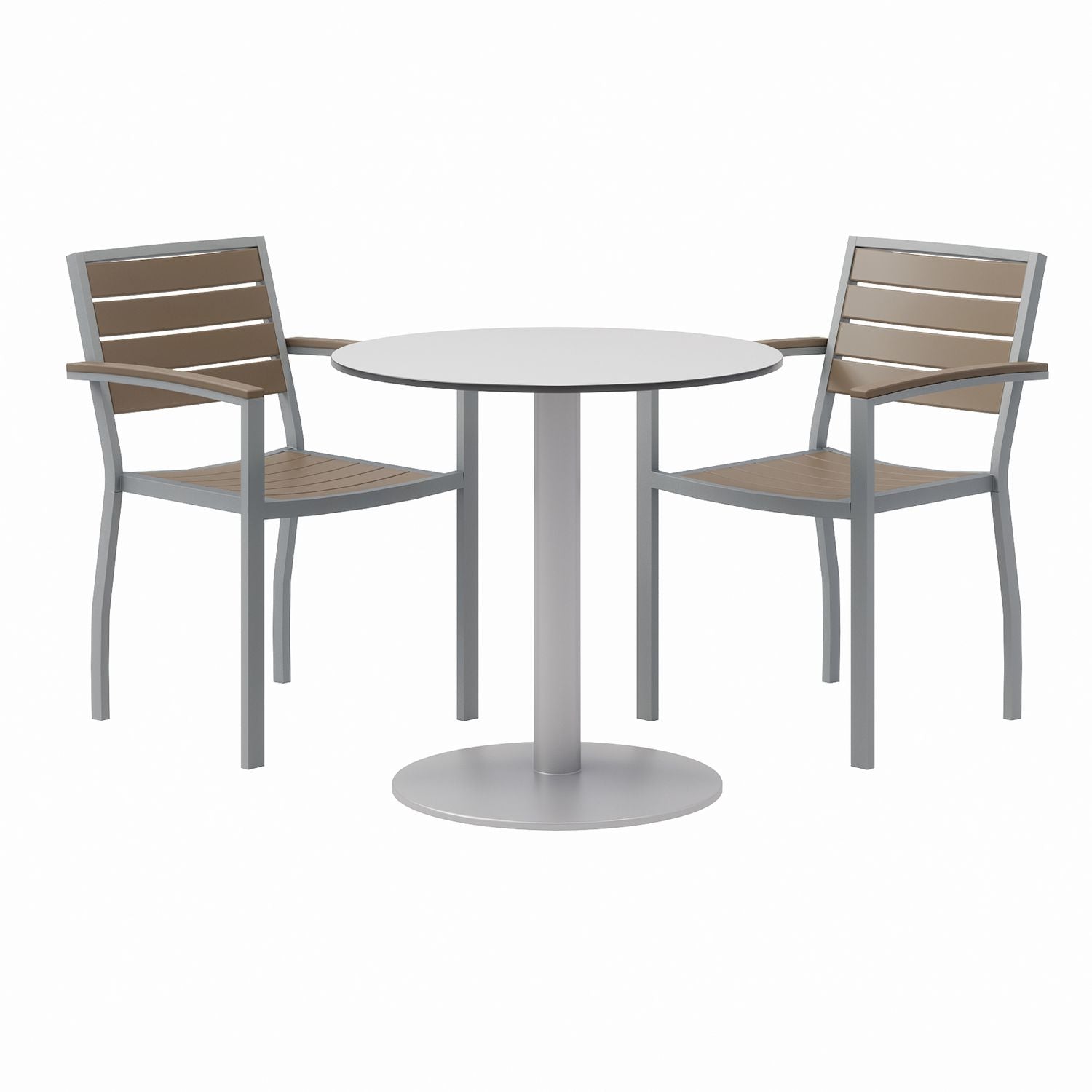 KFI Studios Eveleen Outdoor Patio Table with Two Mocha Powder-Coated Polymer Chairs, 30" Dia x 29h, Gray