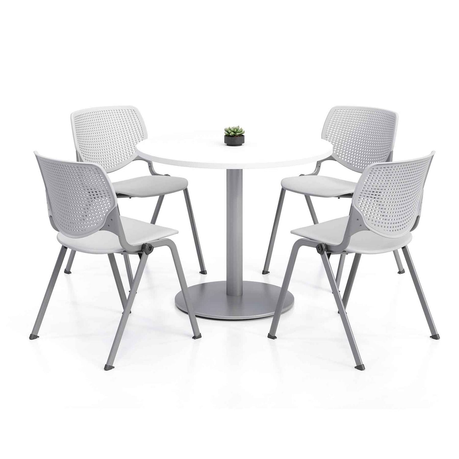 KFI Studios Pedestal Table with Four Light Gray Kool Series Chairs, Round, 36" Dia x 29h, Designer White