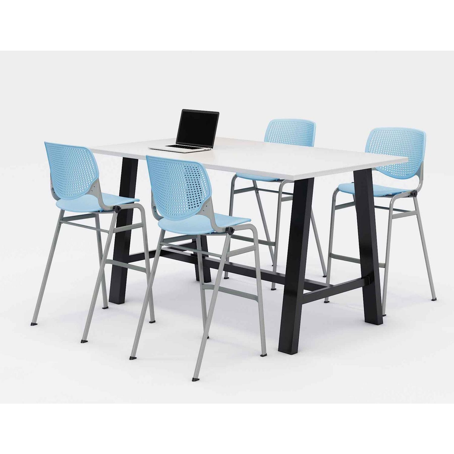 KFI Studios Midtown Bistro Dining Table with Four Sky Blue Kool Barstools, 36 x 72 x 41, Designer White