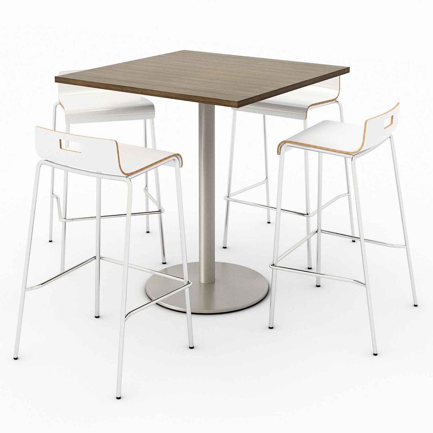 KFI Studios Pedestal Bistro Table with Four White Jive Series Barstools, Square, 36 x 36 x 41, Studio Teak